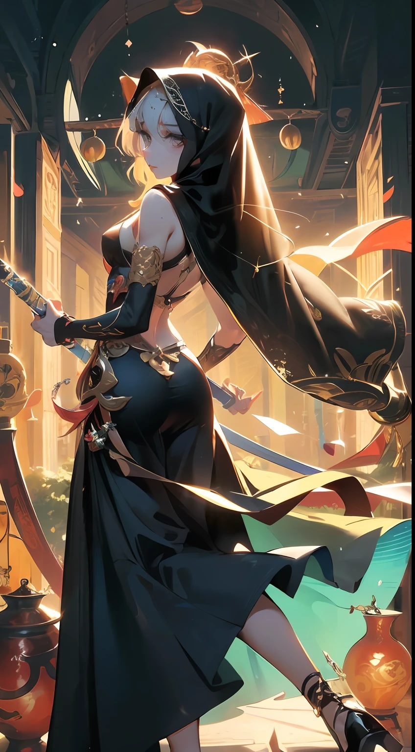((Best quality)), ((masterpiece)), (detailed: 1.4), (Absurd), Persian warrior, full body, ((action pose)), (((Muslim woman wearing long black dress with crystal ornaments)))), (((back))), very cold and ice, ready for war, dark skin, Middle Eastern woman, sculptural body with defined muscles, closed mouth, muscular body covered by a Hoyoverse-style technological dress, Honkai Impact,  Geishin Impact, Veil covering head, whole body covered by clothing, holding two scimitars, ((small breasts)), (eyes with heavy makeup), lots of jewelry and ornaments