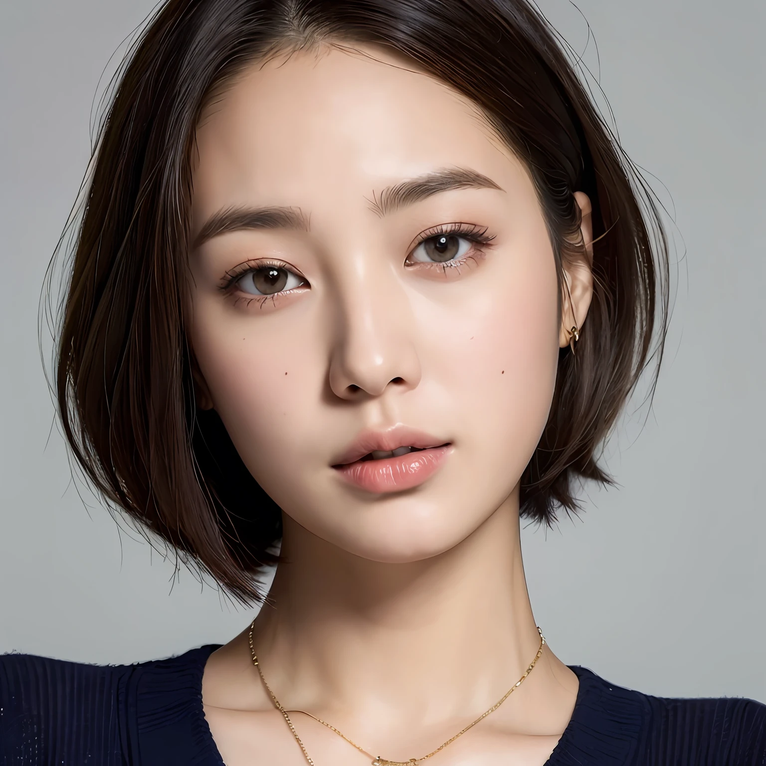(Best quality, 8k, 32k, Masterpiece, UHD:1.2),Photo of Pretty Japanese woman, large breasts, very short bob hair,upper body,face focus,oversized_sweater, necklace, simple background, from above, looking at viewer, --auto