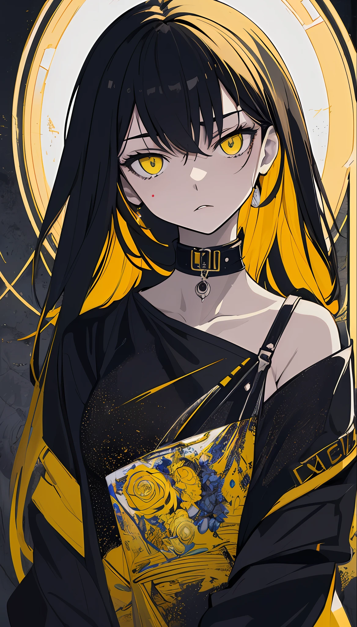 cute anime style,fauve poetic art,revengeful anime woman,18 years old,Judas Iscariot,caress of death,Please create an artwork that combines Surrealism and Pop Art. Use a pop color palette and graphic style to express surreal elements and unreal imagery,unrealengine 5,octane render,abstract yellow LINE