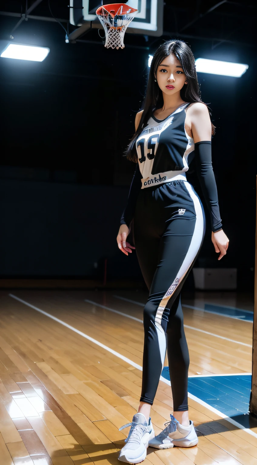 8K, Best Quality, Masterpiece: 1.2), (Realistic, Realistic: 1.37), Ultra Detailed, Best Quality, Ultra High Resolution, Professional Lighting, Photon Mapping, Teleportion, Physically Based Rendering, Film Lighting, Basketball Court, Depth of Field, Clear Focus, Sunlight, Good Composition, (Bokeh: 1.2) 1girl, solo, ((full body)), (shut up), beautiful and detailed eyes, pose, narrow waist, sexy basketball suit, black hair, messy hair, fluttering long hair, ( ulzzang-6500: 1.2), slim figure, slender legs, smile, big breasts