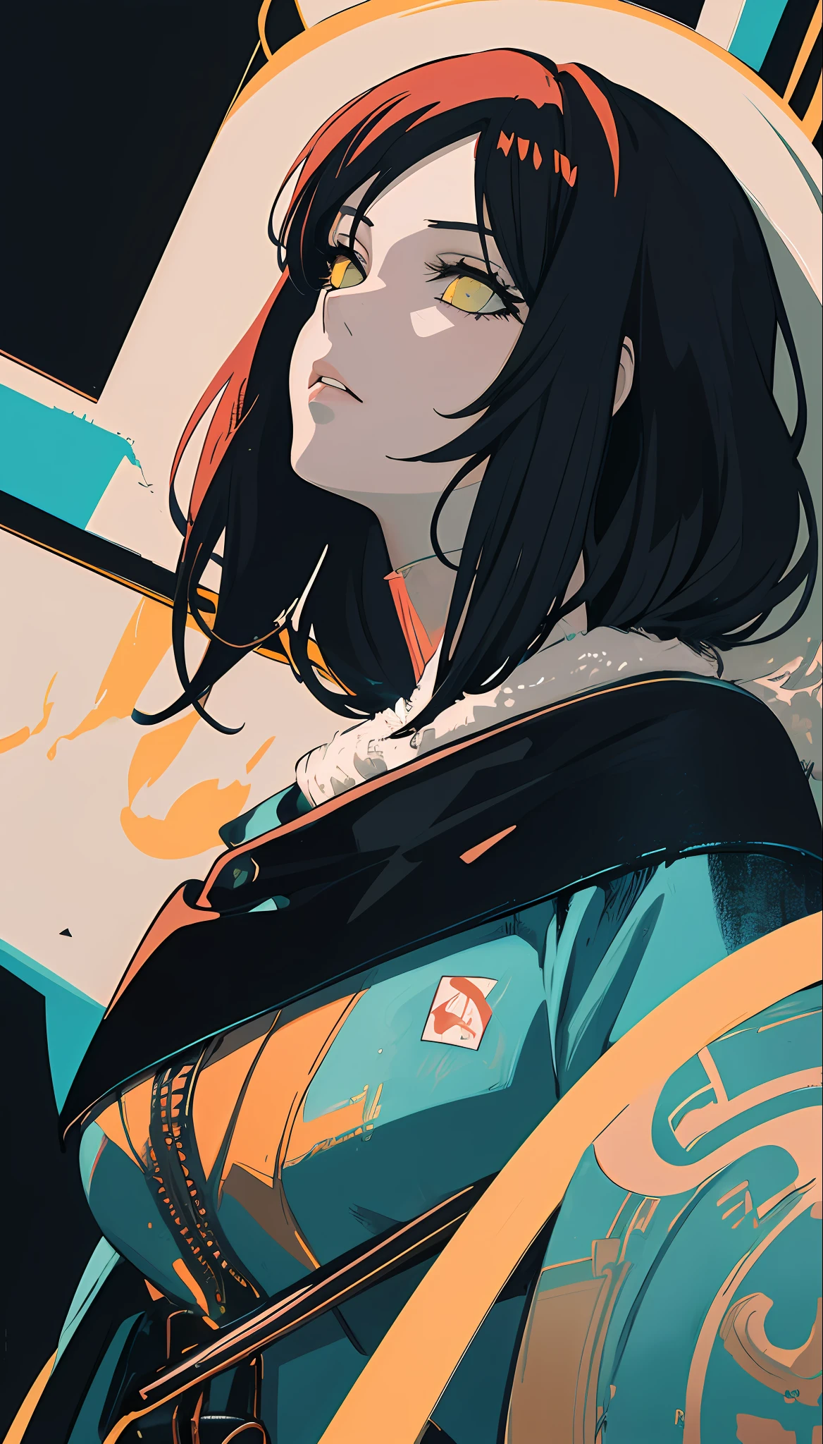 cute anime style,fauve poetic art,revengeful anime woman,18 years old,Judas Iscariot,caress of death,Please create an artwork that combines Surrealism and Pop Art. Use a pop color palette and graphic style to express surreal elements and unreal imagery,unrealengine 5,octane render,abstract yellow LINE
