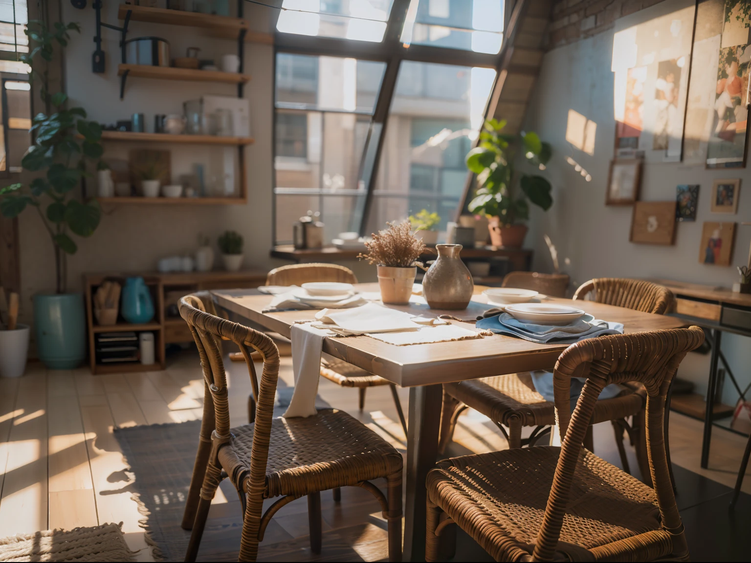 High-detail RAW color photography, Modern loft-style dining room, (higly detailed, hyper-detailing, Entanglement), (lens glare: 0,7), (bloom: 0,7), particle fx, ray traced, 电影灯光, Shallow depth of field, photographed with Sony a9 II, 50mm wide angle lens, sharp-focus