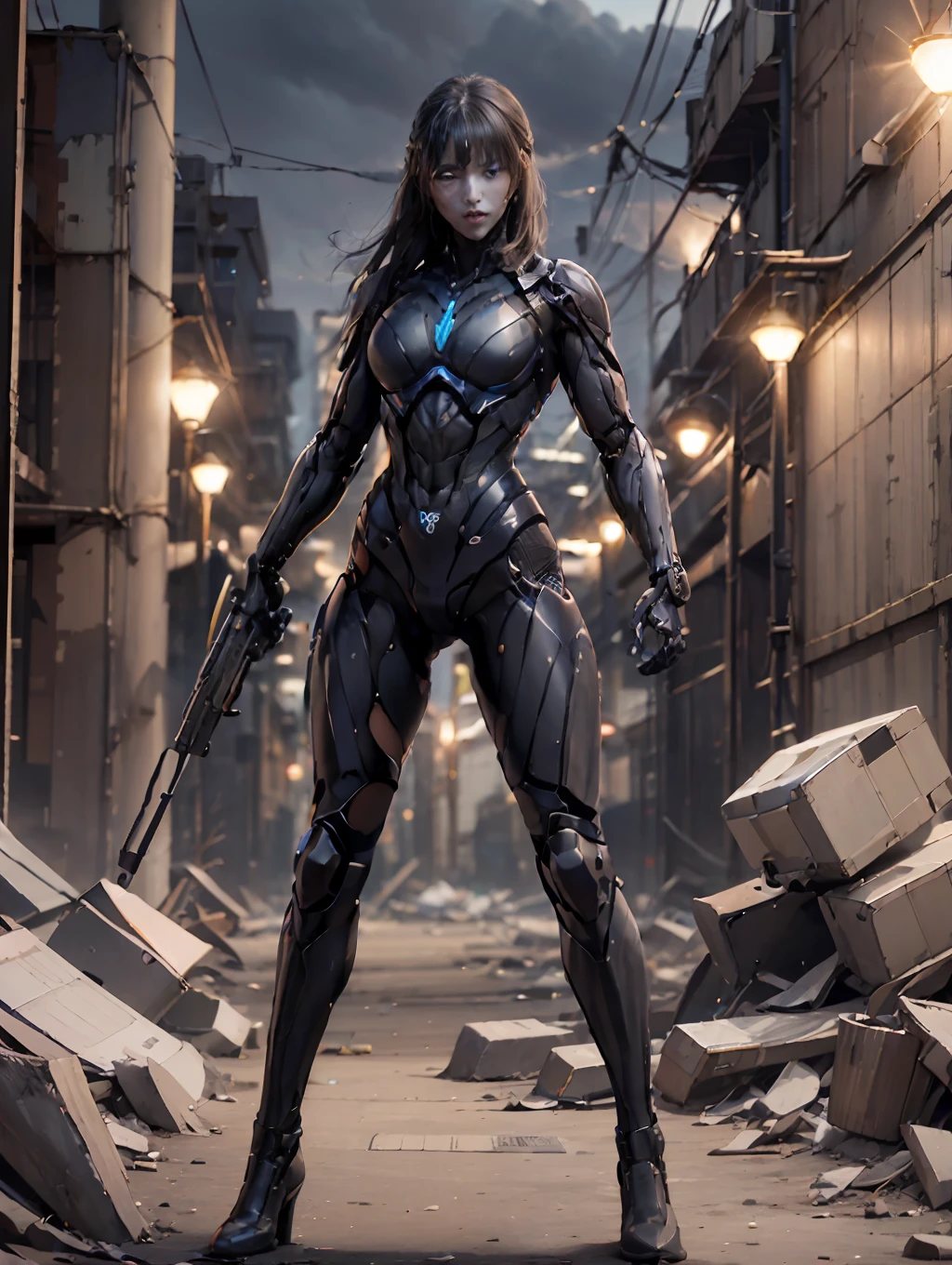 (realisticlying:1.4)、Abandoned factory at night、Projected on a searchlight、Top image quality、central、Full body standing pose、Niō Standing、Huge firearms、Blue eyes、A dark-haired、Expressionless mechanical 18 year old sexy girl