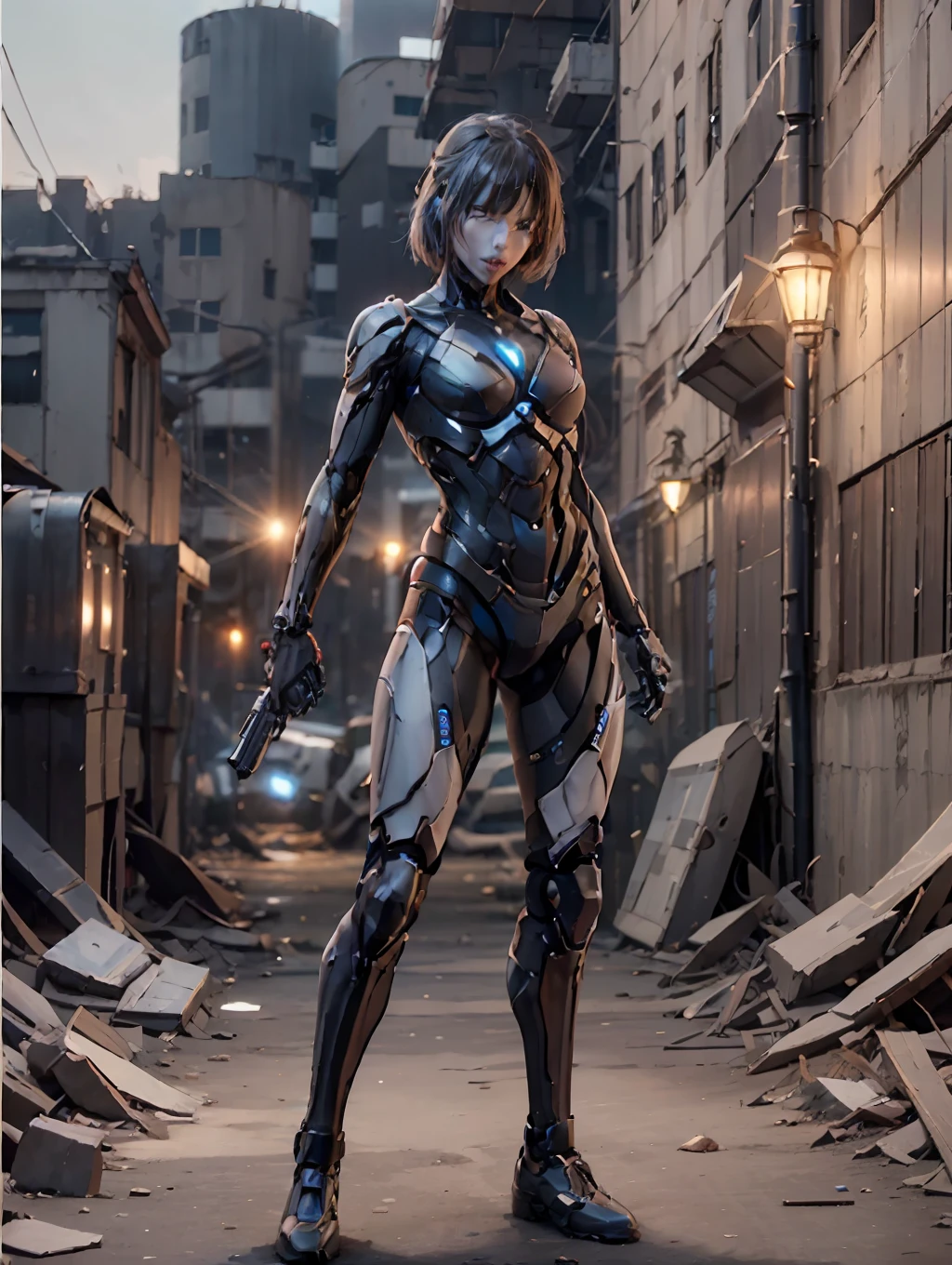 (realisticlying:1.4)、Abandoned factory at night、Projected on a searchlight、Top image quality、central、Full body standing pose、Niō Standing、Huge firearms、Blue eyes、A dark-haired、Expressionless mechanical 18 year old sexy girl