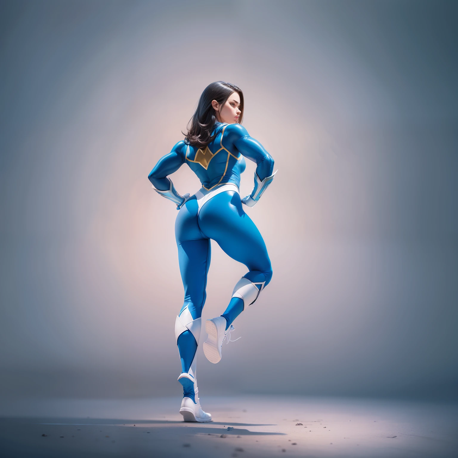 Female superheroes,superhero pose,strong pose,Full body photo,Blue tights,White boots,Back,standing on your feet,The legs are long,Focus on the butt,The butt is round,8K