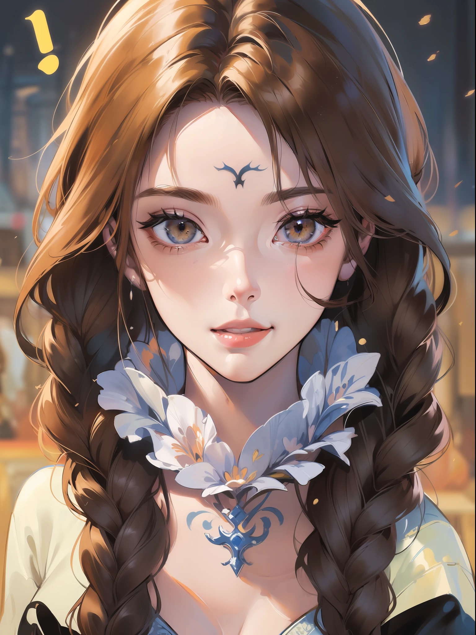 Detailed aerial view ((Portrait of a middle-aged woman in a DND knight)), cheerfulness, HD, (Oil painting:1.1), (comic artstyle:1.5),(ink outline:1.3), Stunning, Character, Portrait, (((Sideways Look))), Angular features, (Dark brown braided hair), (muted natural colors:1.3) Thierry Deutschon's painting style , Splash Art