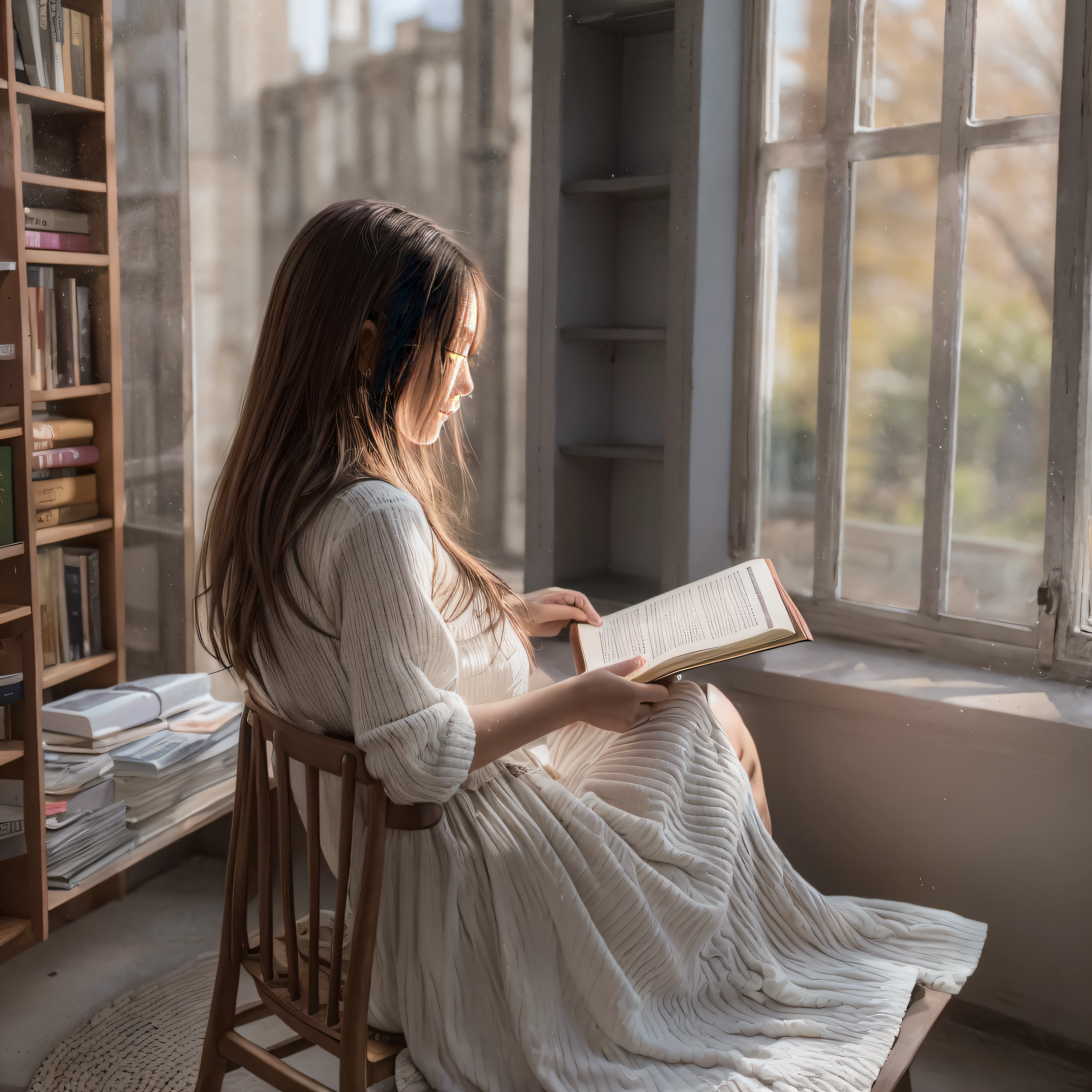 （8K，RAW photos，best qualtiy，tmasterpiece：1.2），（realisticlying，photograph realistic：1.37），desks，a chair，Girl reading in chair by library window（a white long skirt），The sun is shining on the girl