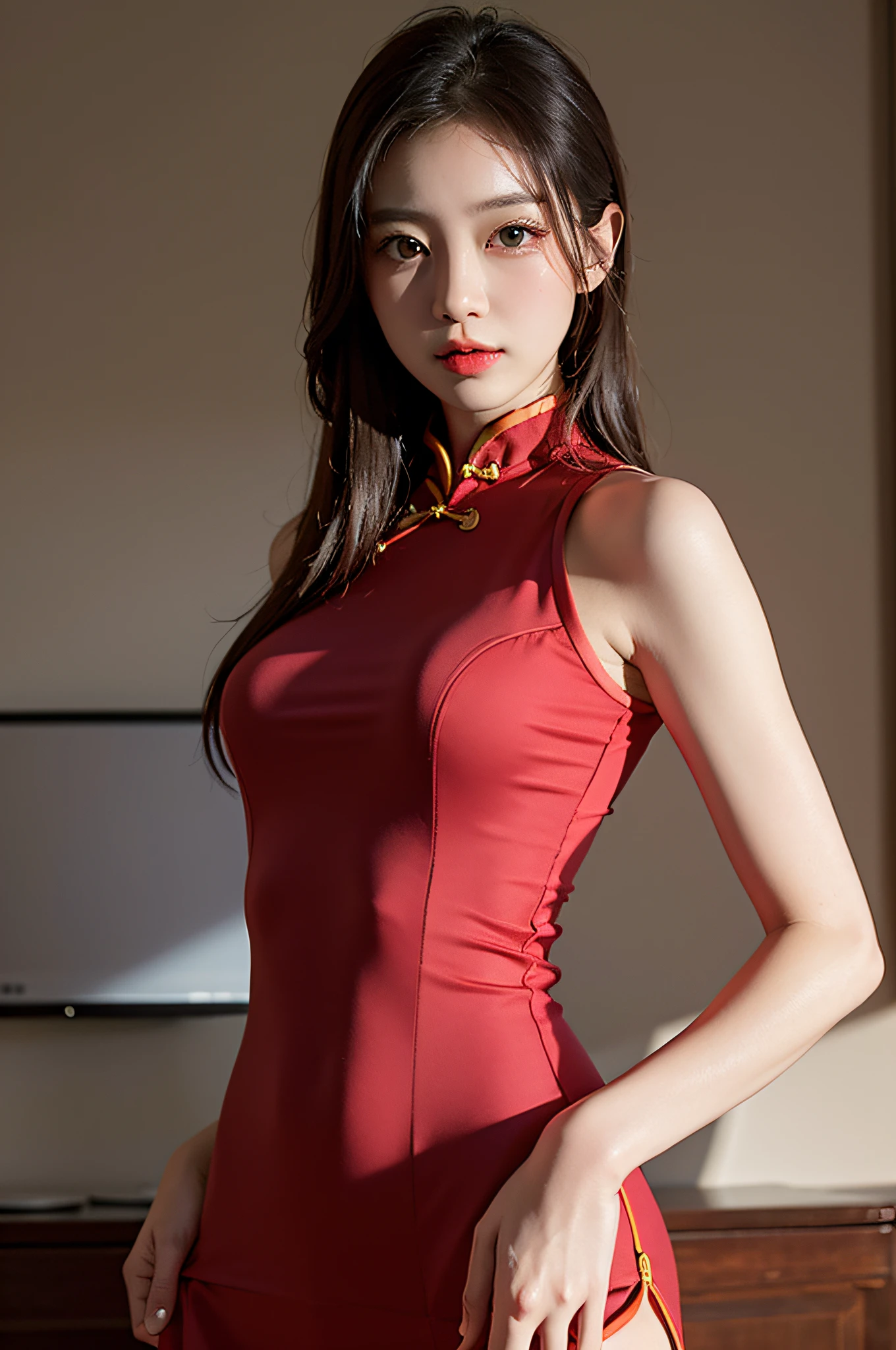 (Hyperrealistic,)4K,35mm,hyper-high detail, Professional lighting, Best quality, Ultra-high resolution, Visually stunning, (1girll:1.3), National style (on cheongsam),realskin,(Perfect body 1.3)Ultra-delicate face。