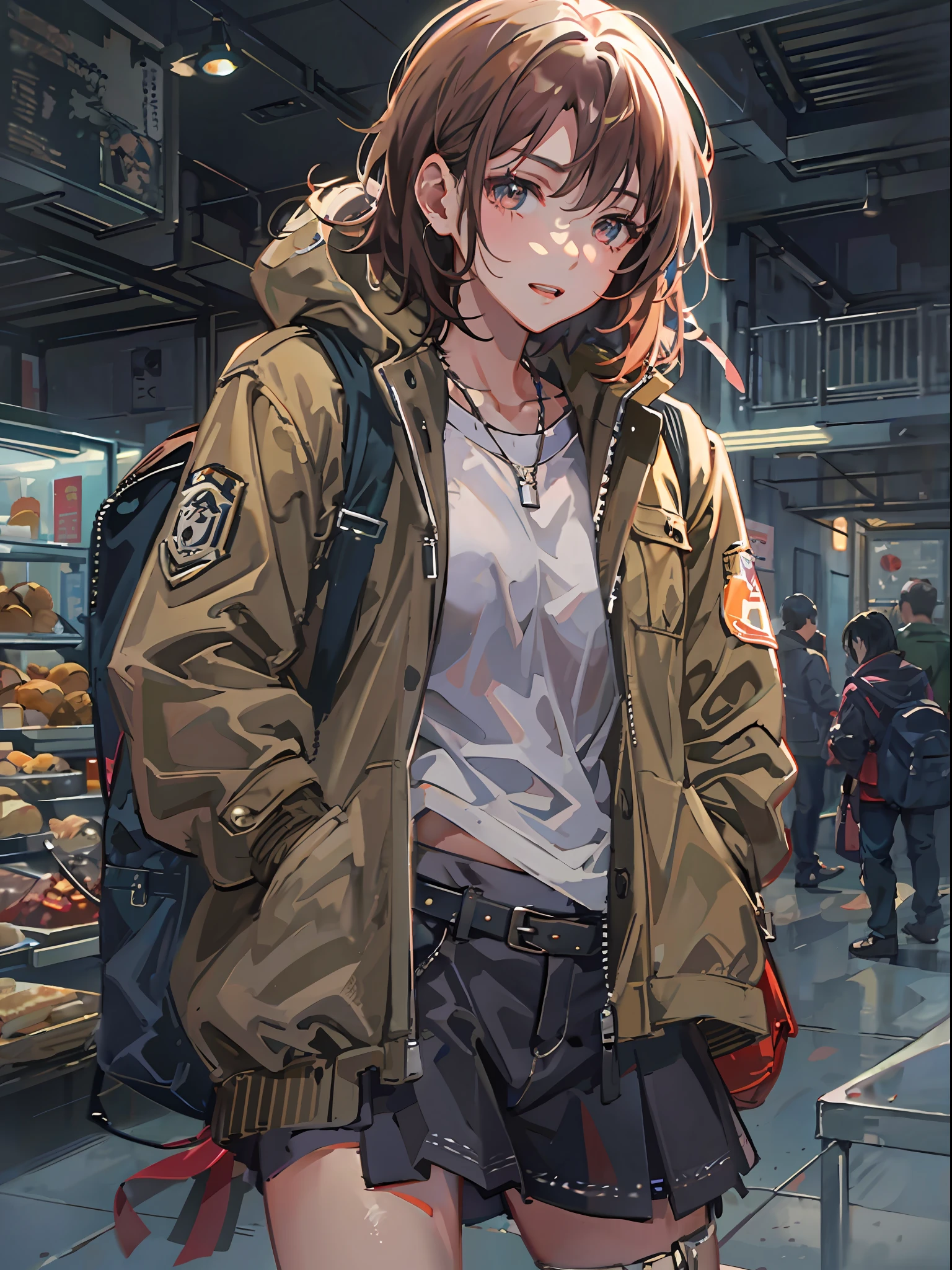 1girl in, jaket, Sateen, plein air, parka, Open jacket, chain, rucksack, Look at another one, hair messy, Trending on ArtStation, 8K分辨率, Highly detailed and anatomically correct, Sharp Images, digitial painting, concept-art, trending on pixiv, style of makoto shinkai,Buttocks、The base of the thigh,Bread chira