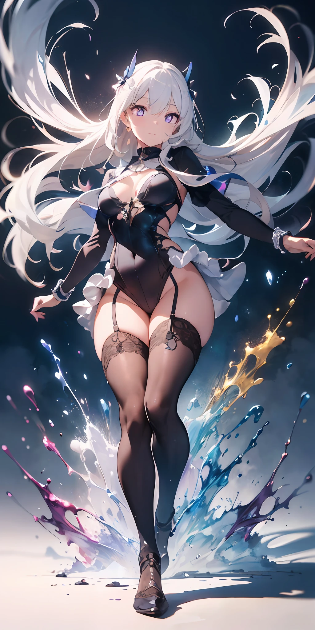 (masterpiece:1.2, best quality), (finely detailed beautiful eyes: 1.2), (extremely detailed CG unity 8k wallpaper, masterpiece, best quality, ultra-detailed, best shadow), (detailed background), (beautiful detailed face, beautiful detailed eyes), High contrast, (best illumination, an extremely delicate and beautiful),,((colourful paint splashes on transparent background, dulux,)), dynamic angle,beautiful detailed glow,full body, cowboy shot, white hair, purple eyes,
