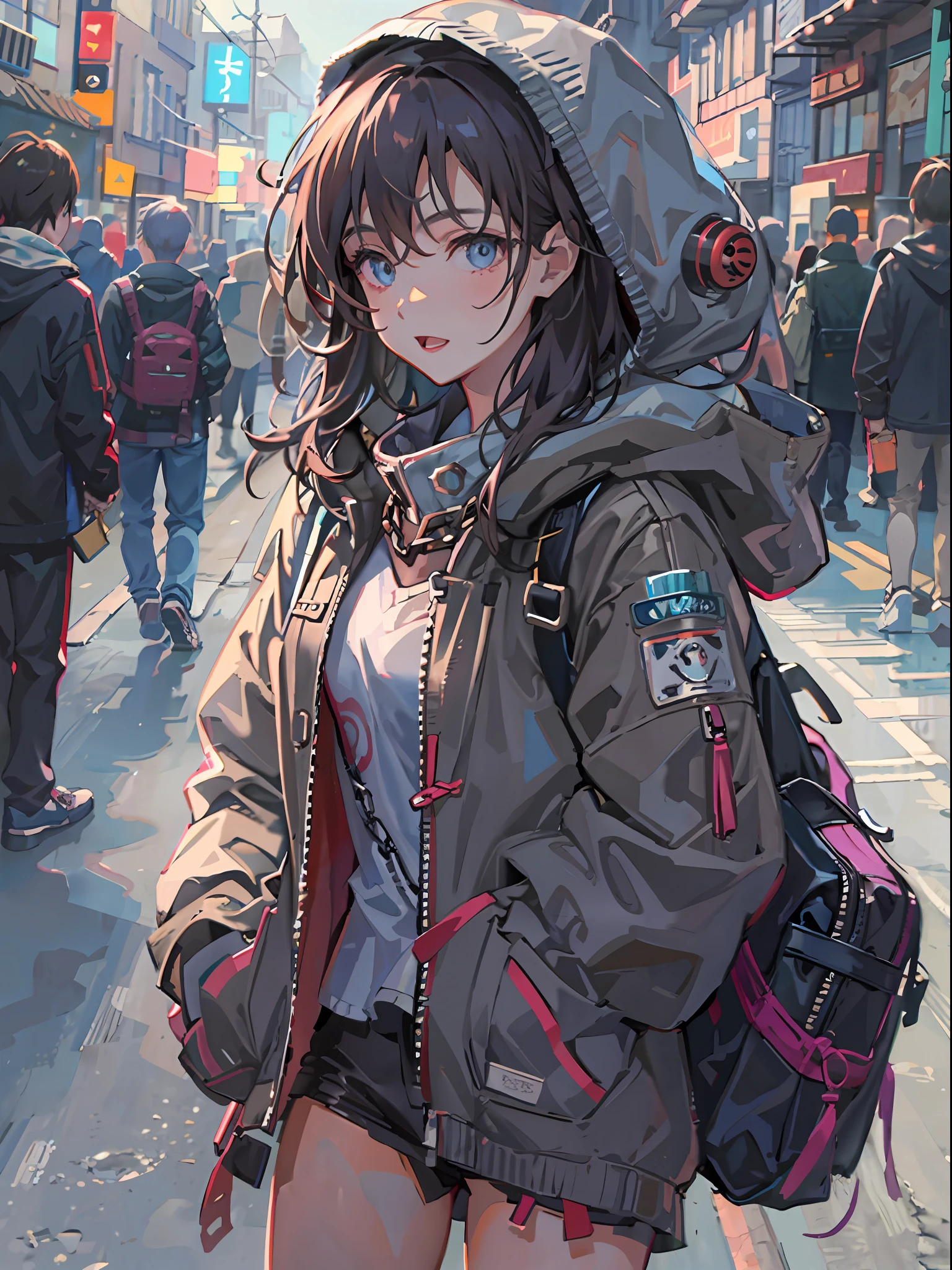 1girl in, jaket, Sateen, plein air, parka, Open jacket, chain, rucksack, Look at another one, hair messy, Trending on ArtStation, 8K分辨率, Highly detailed and anatomically correct, Sharp Images, digitial painting, concept-art, trending on pixiv, style of makoto shinkai,neons