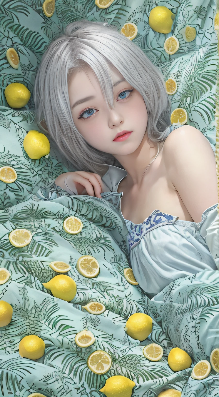 hyper realistic, ultra detailed, beautiful girl , silver short hair,tiny chest, blue eyes, age,summer, on the bed with lemon petals,from below