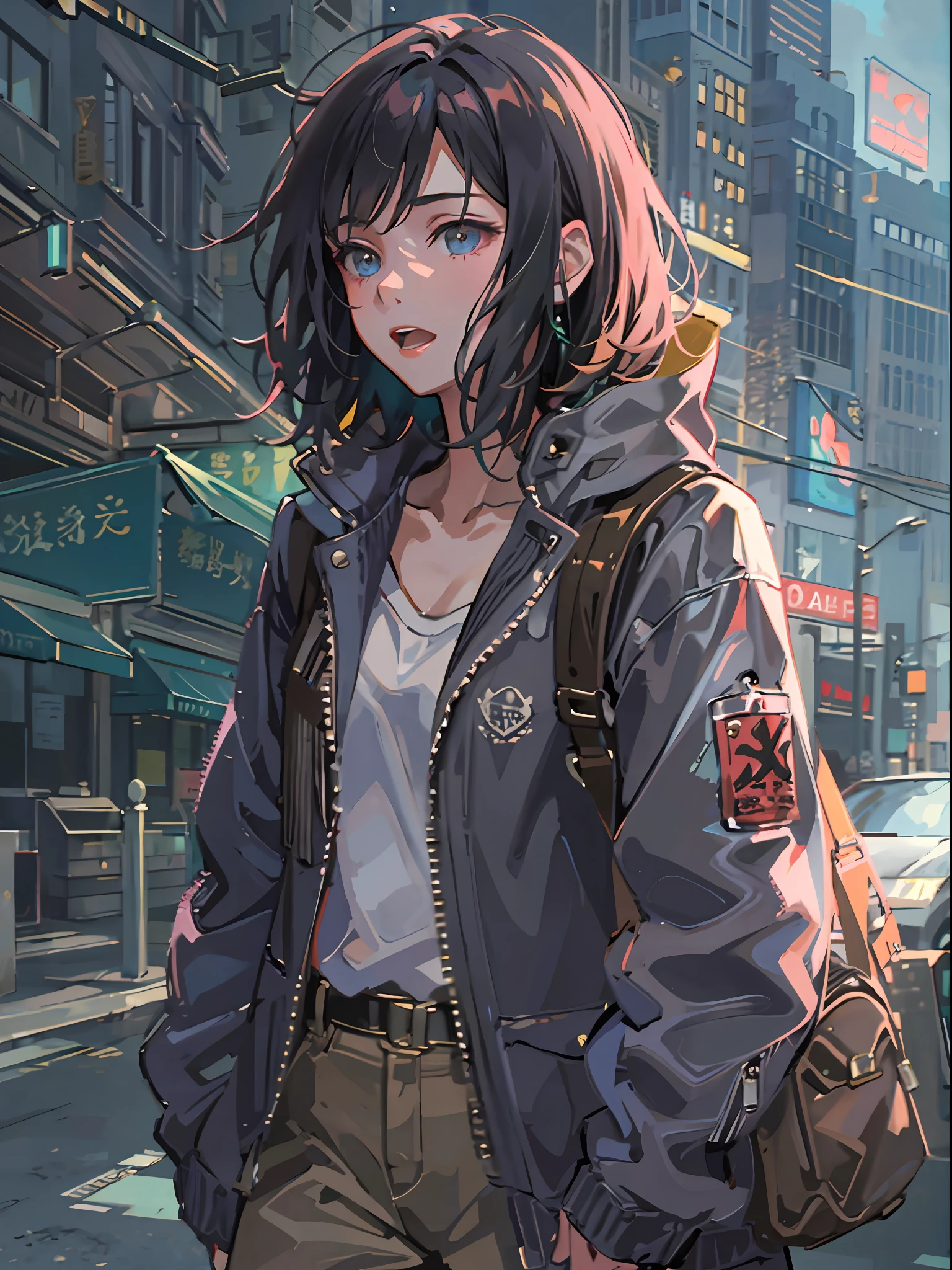 1girl in, jaket, Sateen, plein air, parka, Open jacket, chain, rucksack, Look at another one, hair messy, Trending on ArtStation, 8K分辨率, Highly detailed and anatomically correct, Sharp Images, digitial painting, concept-art, trending on pixiv, style of makoto shinkai,neons