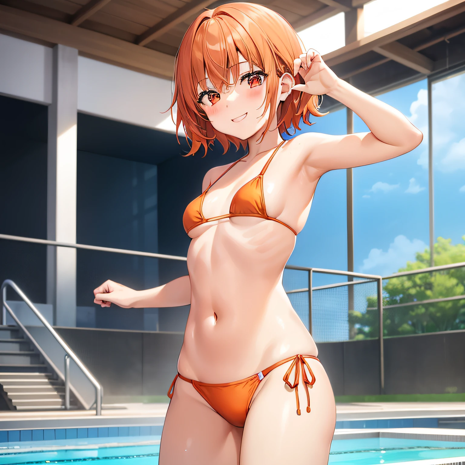 1girl in, {{{{Yu Kitazawa}}}}, {Band Dream!}, Orange hair, Red Eyes, Short hair, Small breasts,(Orange high-leg micro bikini)、(Orange wrestling shoes)、Indoor pool、Stand on a pool float、directly in front、is standing、Happy smile、Raise your right hand high、Energetic daughter