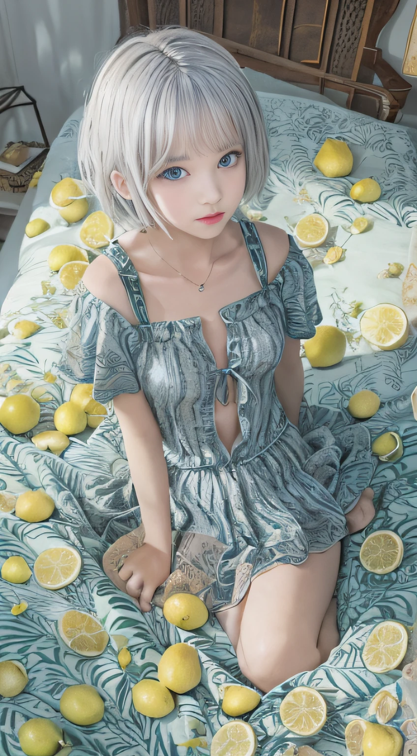 hyper realistic, ultra detailed, beautiful girl , silver short hair,tiny chest, blue eyes, age,summer, on the bed with lemon petals,from below