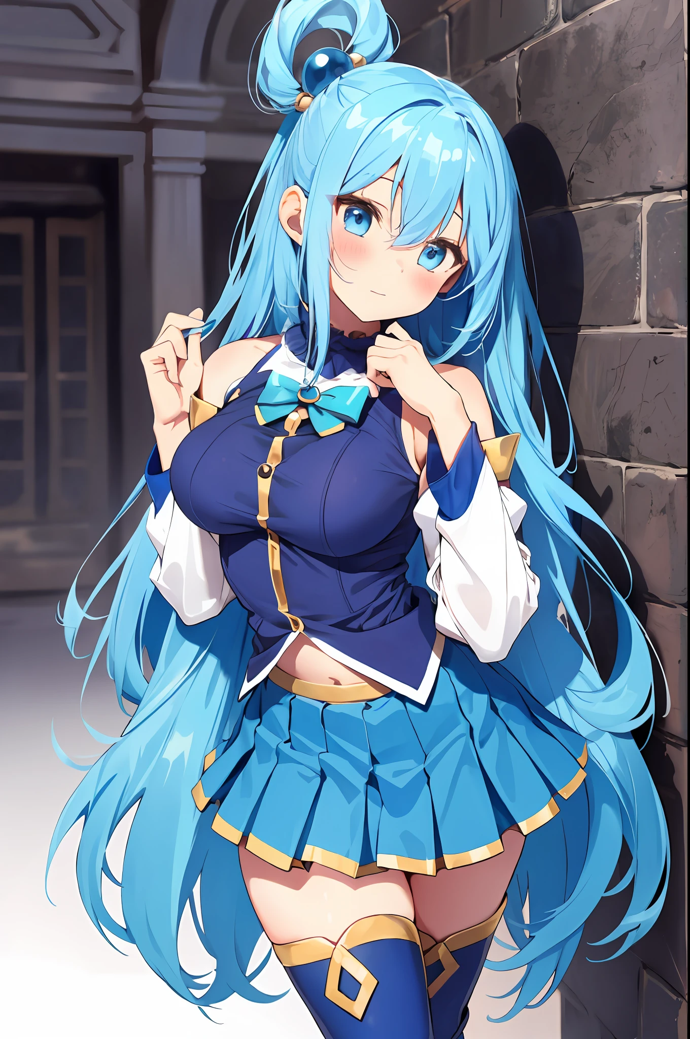 Aqua, Goddess, high quality, 1 girl, Blue eyes, Blue footwear, Blue hair, Blue thighs, Blush, Boots, Chest, Foam, Separated sleeves, Hair ornament, Hair ring, Long hair, Medium breasted, Single hair ring, Skirt, Solo, Standing, Thigh boots, Very long hair, White thighs, Simple background, high quality, high resolution.