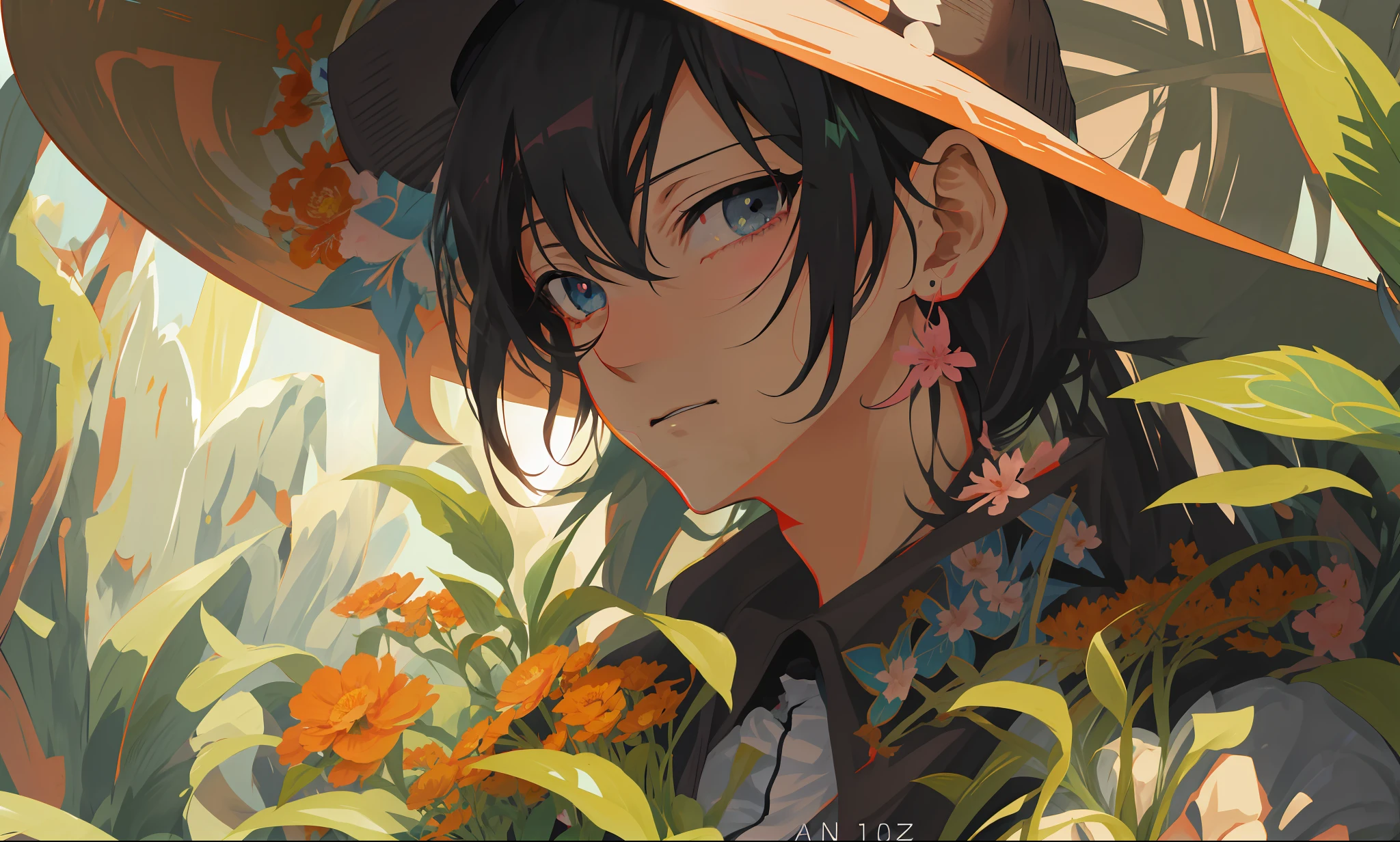 Anime - stylistic image of a man in a hat and flowers, Guviz-style artwork, Anime art wallpaper 4k, Anime art wallpaper 4 K, Anime art wallpaper 8 K, Detailed digital anime art, 4k manga wallpapers, style of anime4 K, Kawasi, Anime wallpaper 4 k, Anime wallpaper 4K, 4K anime wallpaper