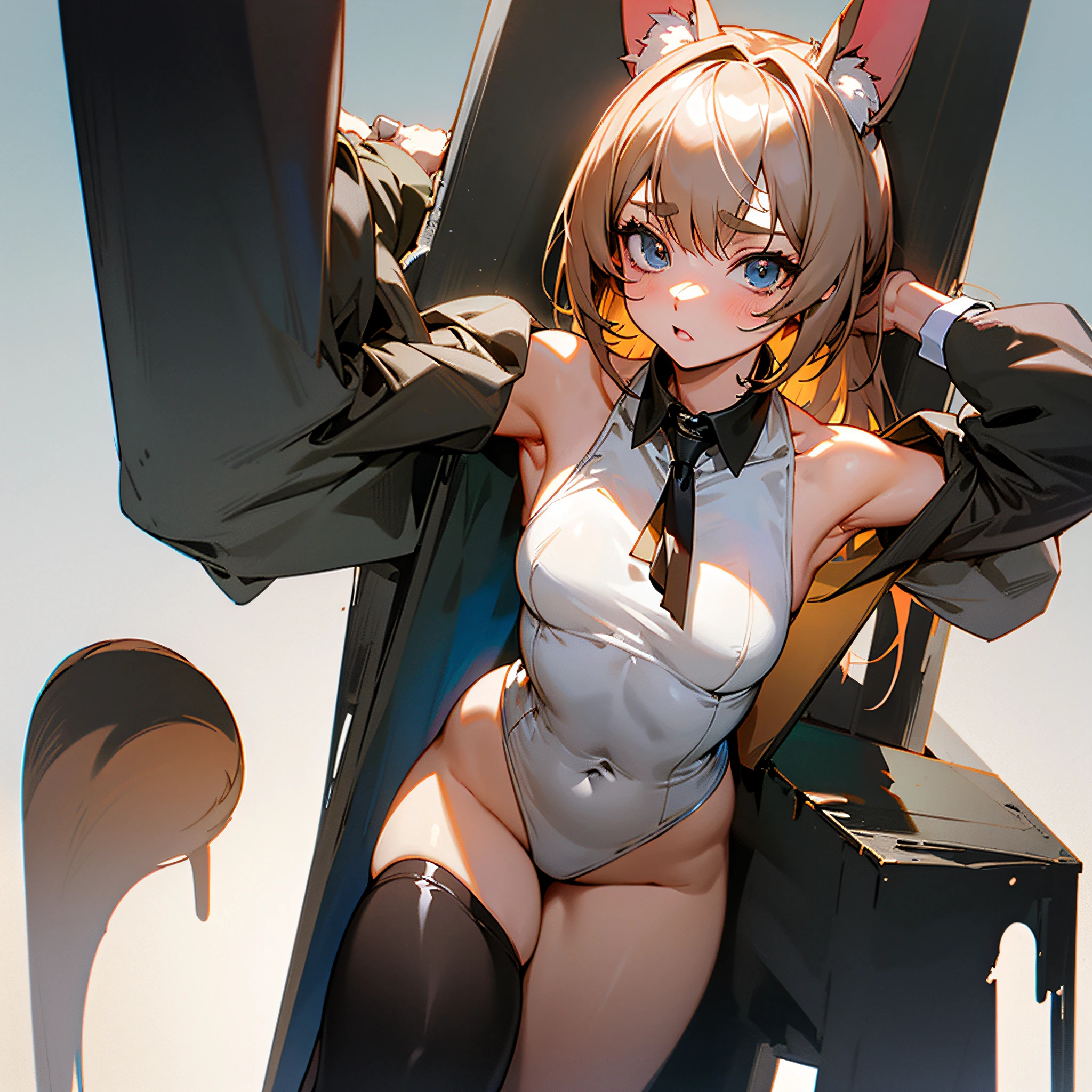 (masutepiece), (Best Quality), Highly detailed,Ultra-detailed,(the Extremely Detailed CG Unity 8K Wallpapers),unbelievable Ridiculous,(Official art),Colorful,(Line optimization),Seated Pose、
Extremely exquisite female facial description, extremely delicate and beautiful eyes,
1girl in, animal_ear_fluff, animal_Ears, arms are_ass hole up, Armpits, Ass_Visible_through_thighs thighs thighs thighs, Bangs, Bare_shoulders, Blue_Eyes, blush, breasts, brown_hair, cowboys_shot, Detached_Collar, eyebrows_Visible_through_hair, fake_animal_Ears, Fox_Ears, Fox_girl, Fox_tail, gloves, gradient, gradient_Background, greys_Background, hair_Bland_Eyes, Leotard, up looking_で_viewer, Navel, neck tie, , Rabbit_Ears, See-through, Short_neck tie, Silver_hair, Small_breasts, Solo, tail, Thigh_the gap, white_gloves, wrist_Cuffs
(Perfect body), (Seductive),
(Fine and beautiful detailed skin), (Shiny skin:1.0), (Oil skin:1.0), (Oil Highlights:1.0),
Sexually suggestive, Female-,