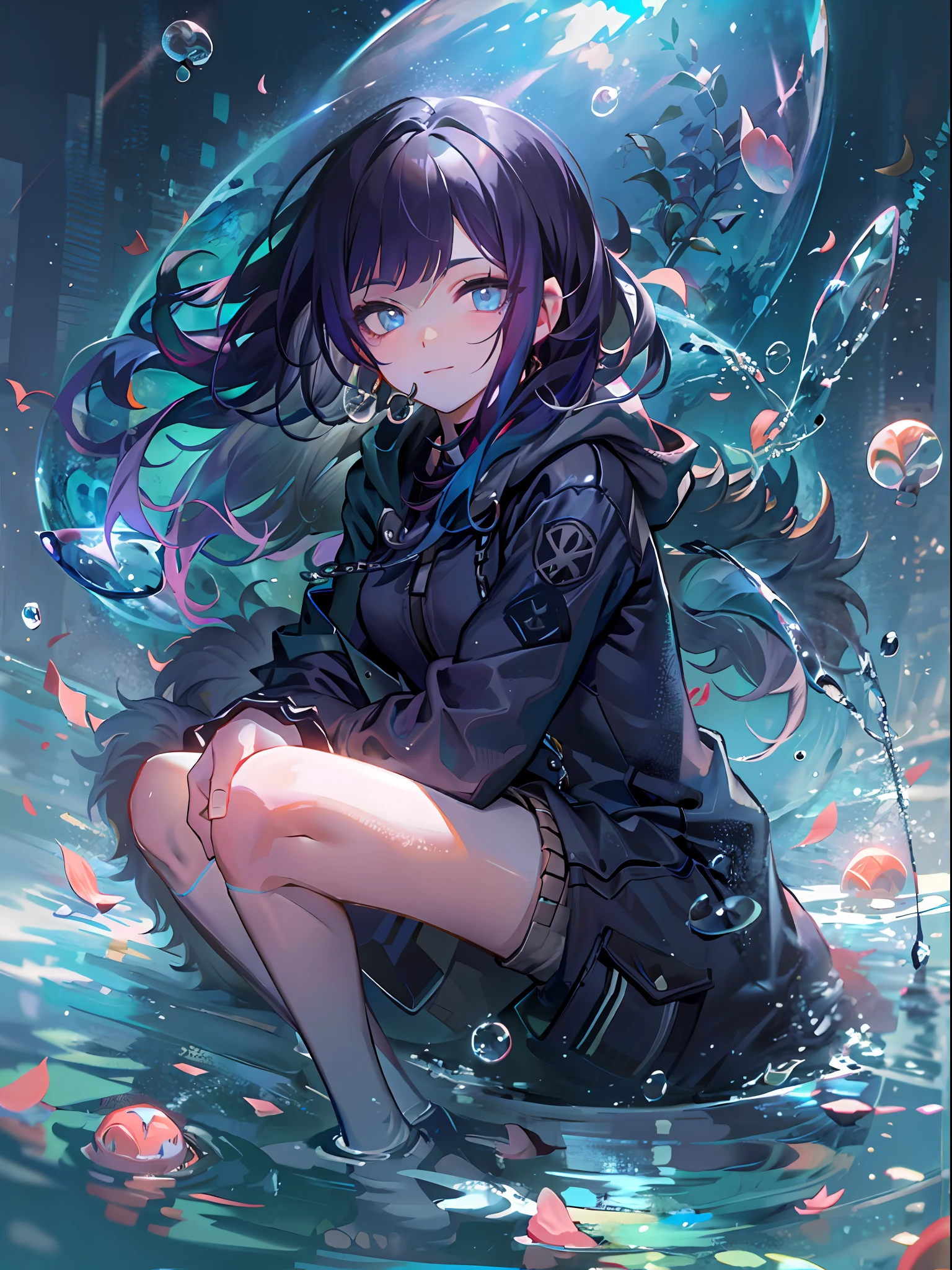 ((top-quality)), ((masterpiece)), ((ultra-detailliert)), (extremely delicate and beautiful), girl with, 独奏, cold attitude,((Black jacket)),She is very(relax)with the(Settled down)Looks,A dark-haired, depth of fields,evil smile,Bubble, under the water, Air bubble,bright light blue eyes,Inner color with black hair and light blue tips,Cold background,Bob Hair - Linear Art, shortpants、knee high socks