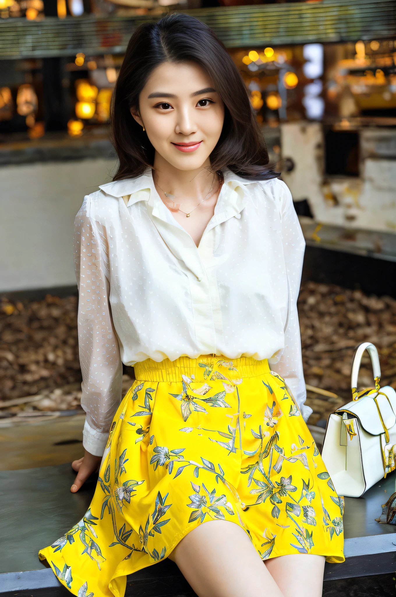 Alarfi woman in white shirt and yellow dress poses for a photo, wearing yellow floral blouse, korean women's fashion model, enjoyable, Chiffon, Beautiful young Korean woman, Gorgeous young Korean woman, elegant yellow skin, beautiful short skirt, beautiful lovely, (((Yellow))), yellow details, Yellow, frilled blooming collar, Yellow clothes, xintong chen,4k画质,Ultra HD face detail,Textured skin,HighestQuali,Vertical painting shadows,atmospheric distance sense,Smile confidently,Star temperament --auto