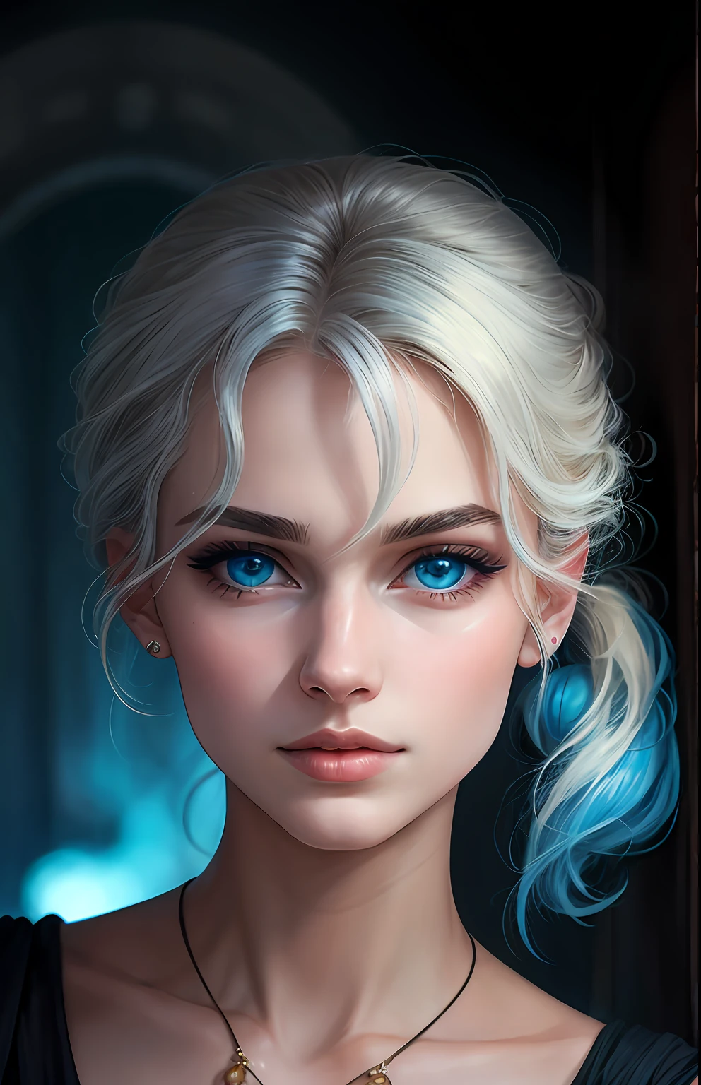 animesque、20Beautiful woman of age、Moisturized eyes、ciri、a picture、Androgynous Hunnuman、oval jaw、Delicate features、beautiful countenance、The hair、long bangs、long pony tail、Bright blue eyes、LDS Art