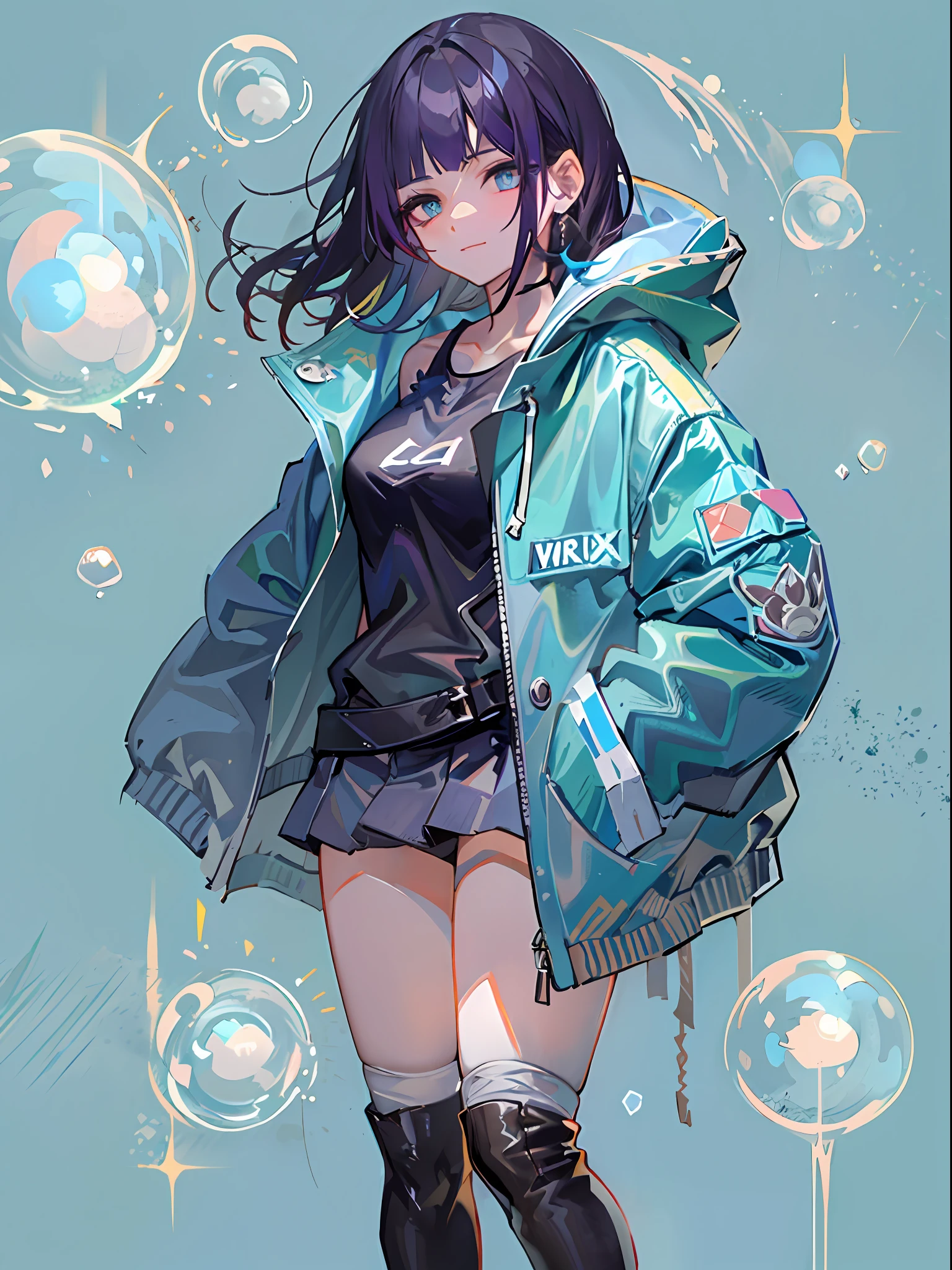 ((top-quality)), ((​masterpiece)), ((ultra-detailliert)), (extremely delicate and beautiful), girl with, 独奏, cold attitude,((Black jacket)),Oversized hoodies、She is very(relax)with  the(Settled down)Looks,A dark-haired, depth of fields,evil smile,Bubble, under the water, Air bubble,bright light blue eyes,Inner color with black hair and light blue tips,Cold background,Bob Hair,a miniskirt,tight skirts,Bob Hair - Linear Art、knee high socks、Camisole inner shirt、Hands in pockets