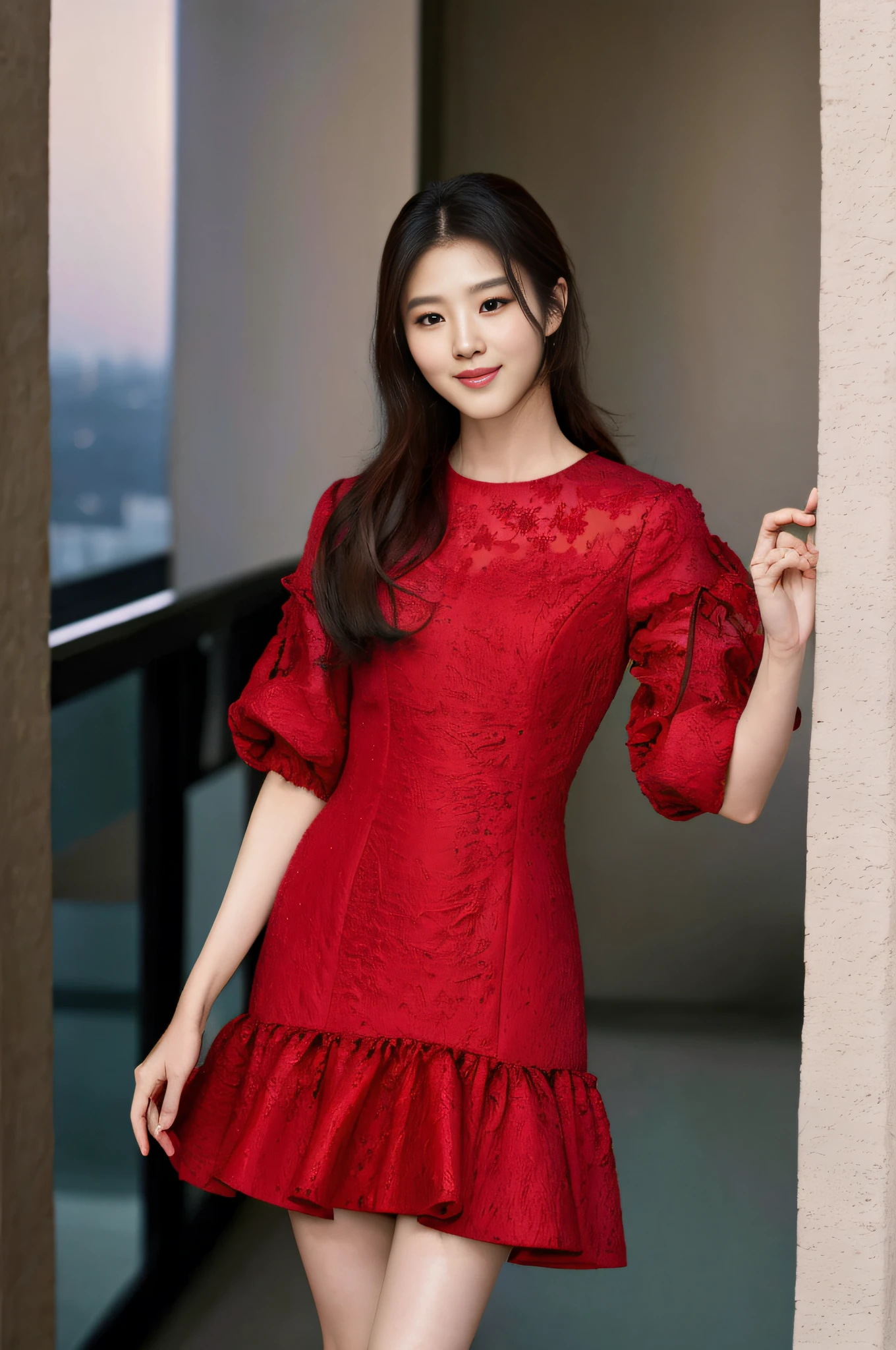 Araki woman in red dress poses for a photo in the building, song hye - kyo, bae suzy, lalisa manobal, in a red dress, in a red dress, lee ji eun, Lee Ji-eun, korean women's fashion model, elegant red color dress, park jimin, Fan Bingbing, Wearing a red dress，4k画质，Ultra HD face detail，Textured skin，HighestQuali，Vertical painting shadows，atmospheric distance sense，Smile confidently，Star temperament --auto