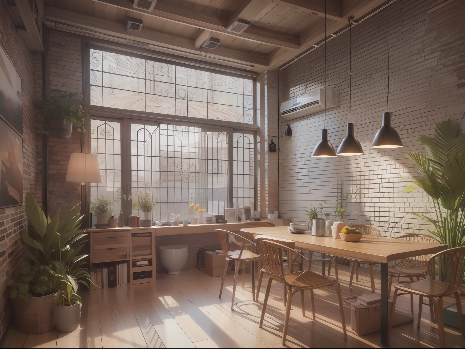 High-detail RAW color photography, Modern loft-style dining room, (higly detailed, hyper-detailing, Entanglement), (lens glare: 0,7), (bloom: 0,7), particle fx, ray traced, 电影灯光, Shallow depth of field, photographed with Sony a9 II, 50mm wide angle lens, sharp-focus