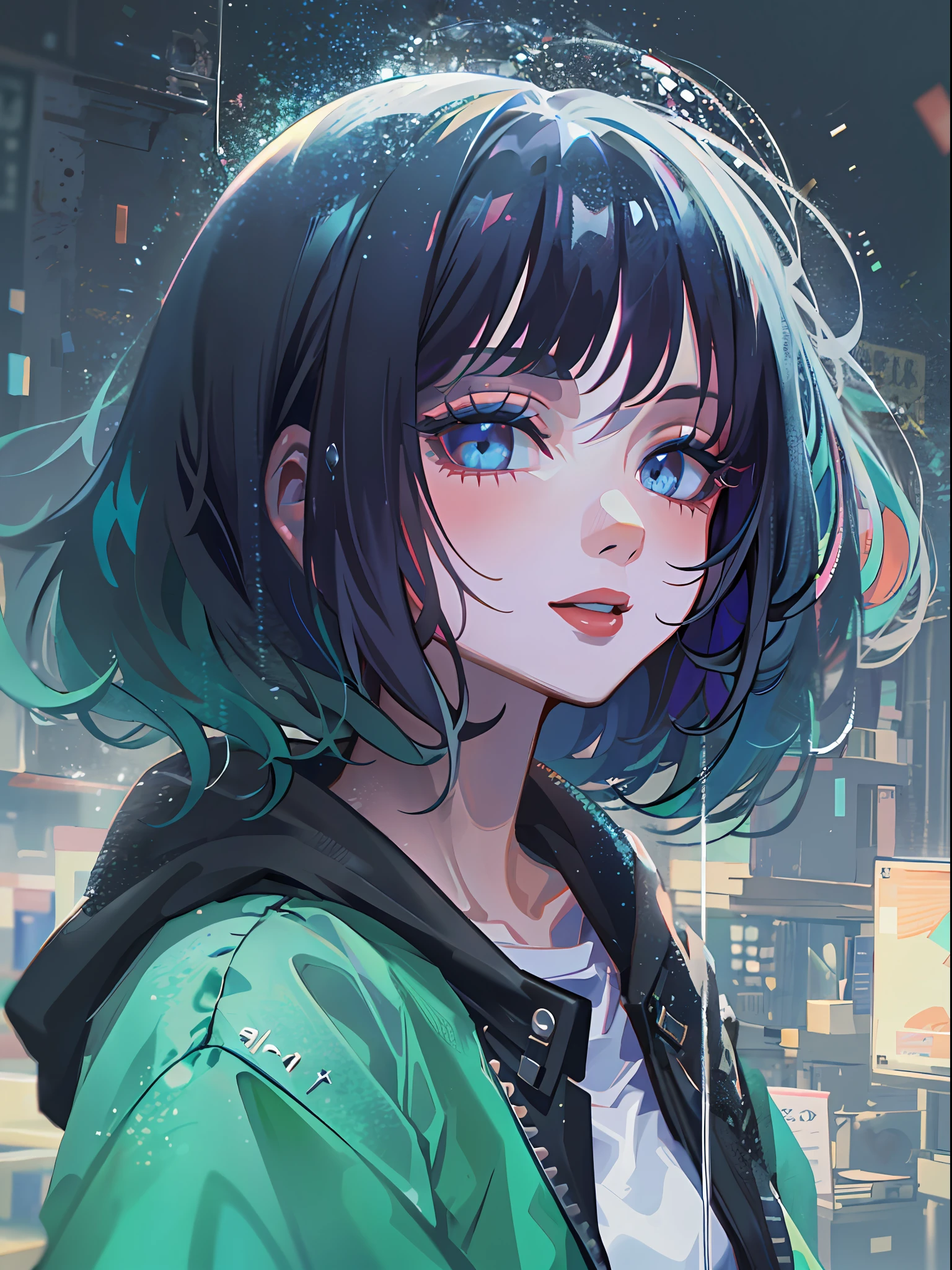 ((top-quality)), ((​masterpiece)), ((ultra-detailliert)), (extremely delicate and beautiful), girl with, 独奏, cold attitude,((Black jacket)),Oversized hoodies、She is very(relax)with  the(Settled down)Looks,A dark-haired, depth of fields,evil smile,Bubble, under the water, Air bubble,bright light blue eyes,Inner color with black hair and light blue tips,Cold background,Bob Hair,a miniskirt,tight skirts,Bob Hair - Linear Art、knee high socks、Camisole inner shirt、Hands in pockets