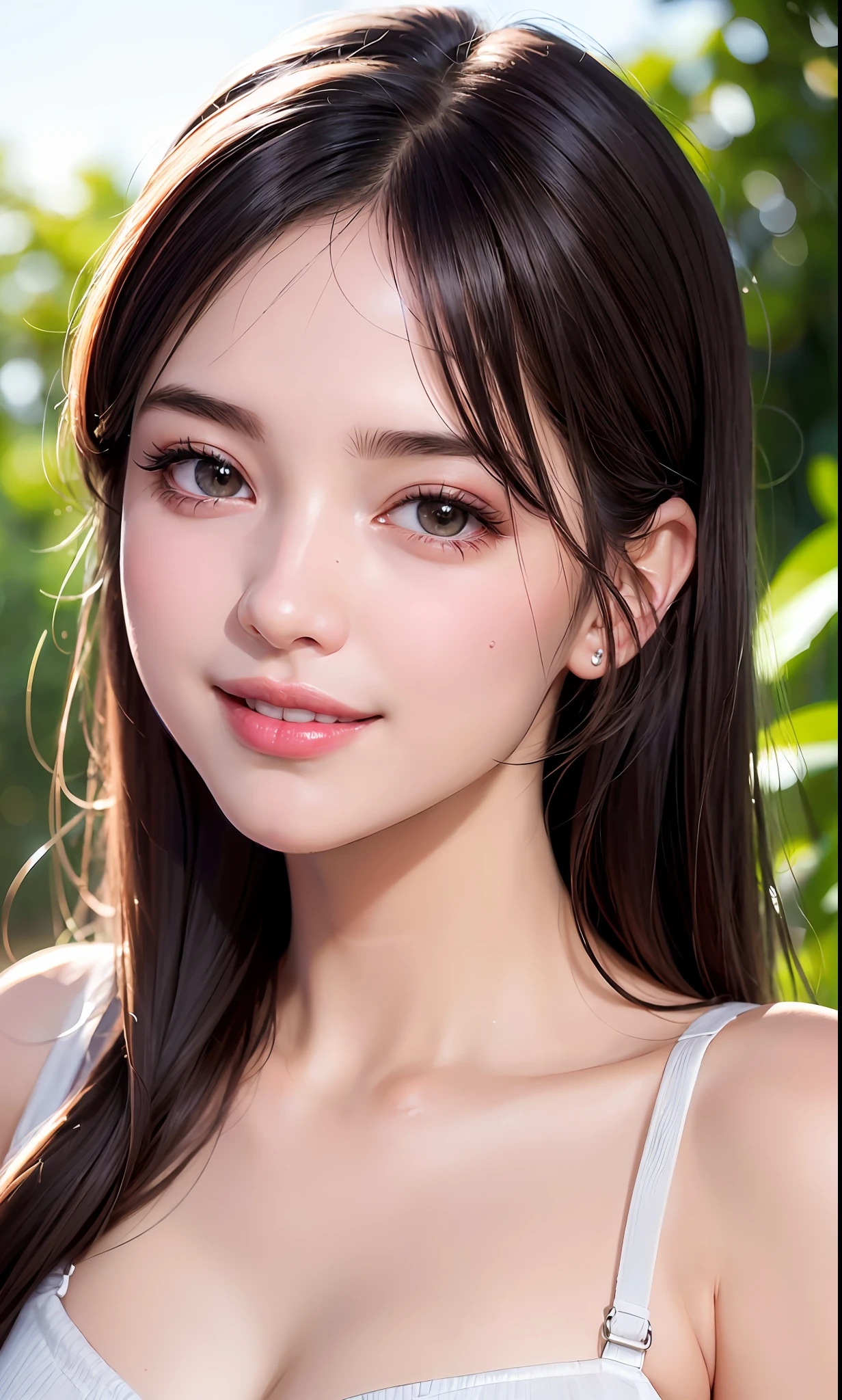 (8k, RAW photo, photorealistic: 1.25), (lip gloss, eyelashes, smiling, bright face, glowing skin, best quality, ultra high resolution, depth of field, chromatic aberration, caustic, wide lighting, natural shading) looking at the viewer with a serene bliss, diffused light