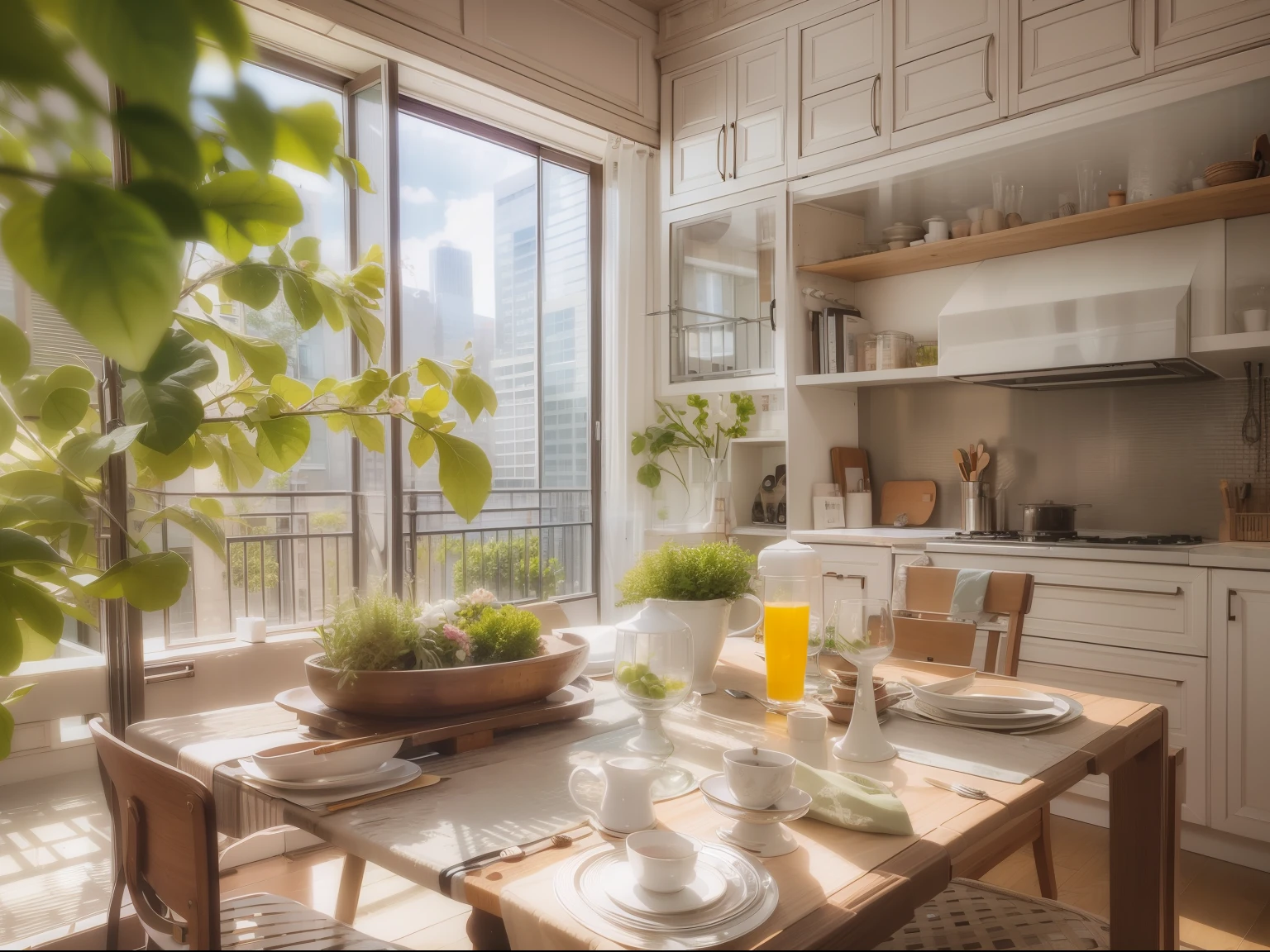 High-detail RAW color photography, Modern loft-style dining room, (higly detailed, hyper-detailing, Entanglement), (lens glare: 0,7), (bloom: 0,7), particle fx, ray traced, 电影灯光, Shallow depth of field, photographed with Sony a9 II, 50mm wide angle lens, sharp-focus