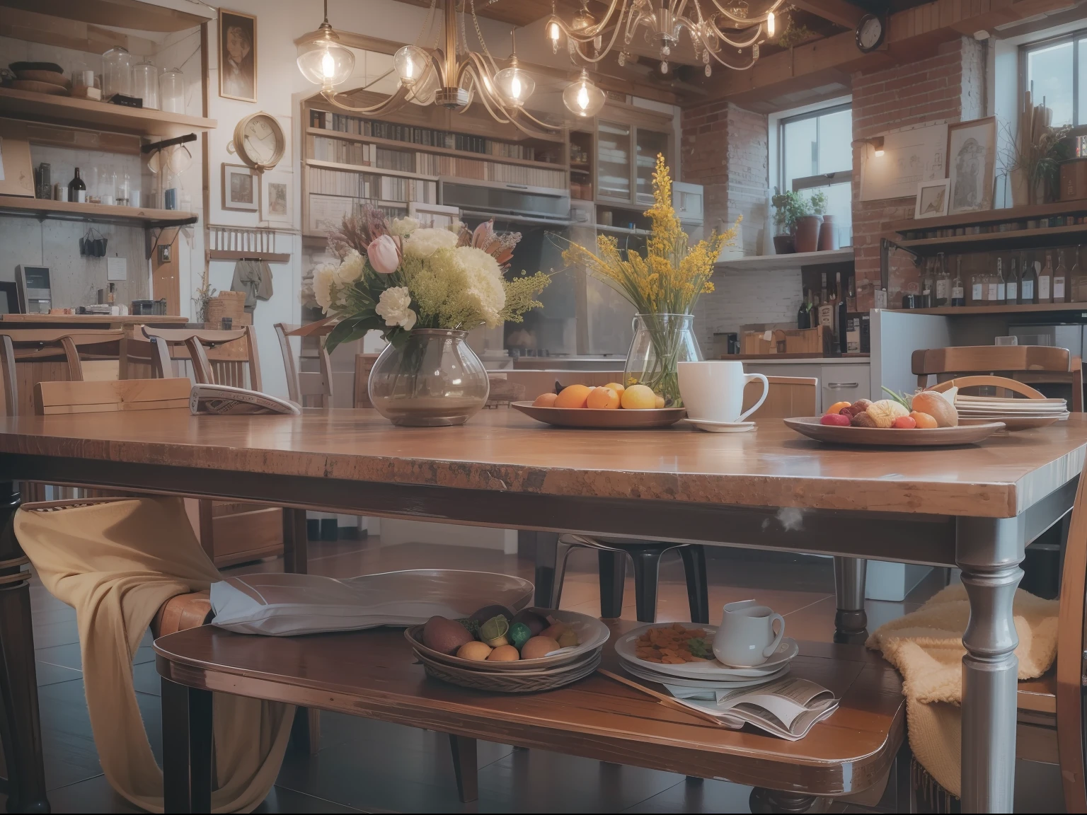 High-detail RAW color photography, Modern loft-style dining room, (higly detailed, hyper-detailing, Entanglement), (lens glare: 0,7), (bloom: 0,7), particle fx, ray traced, 电影灯光, Shallow depth of field, photographed with Sony a9 II, 50mm wide angle lens, sharp-focus