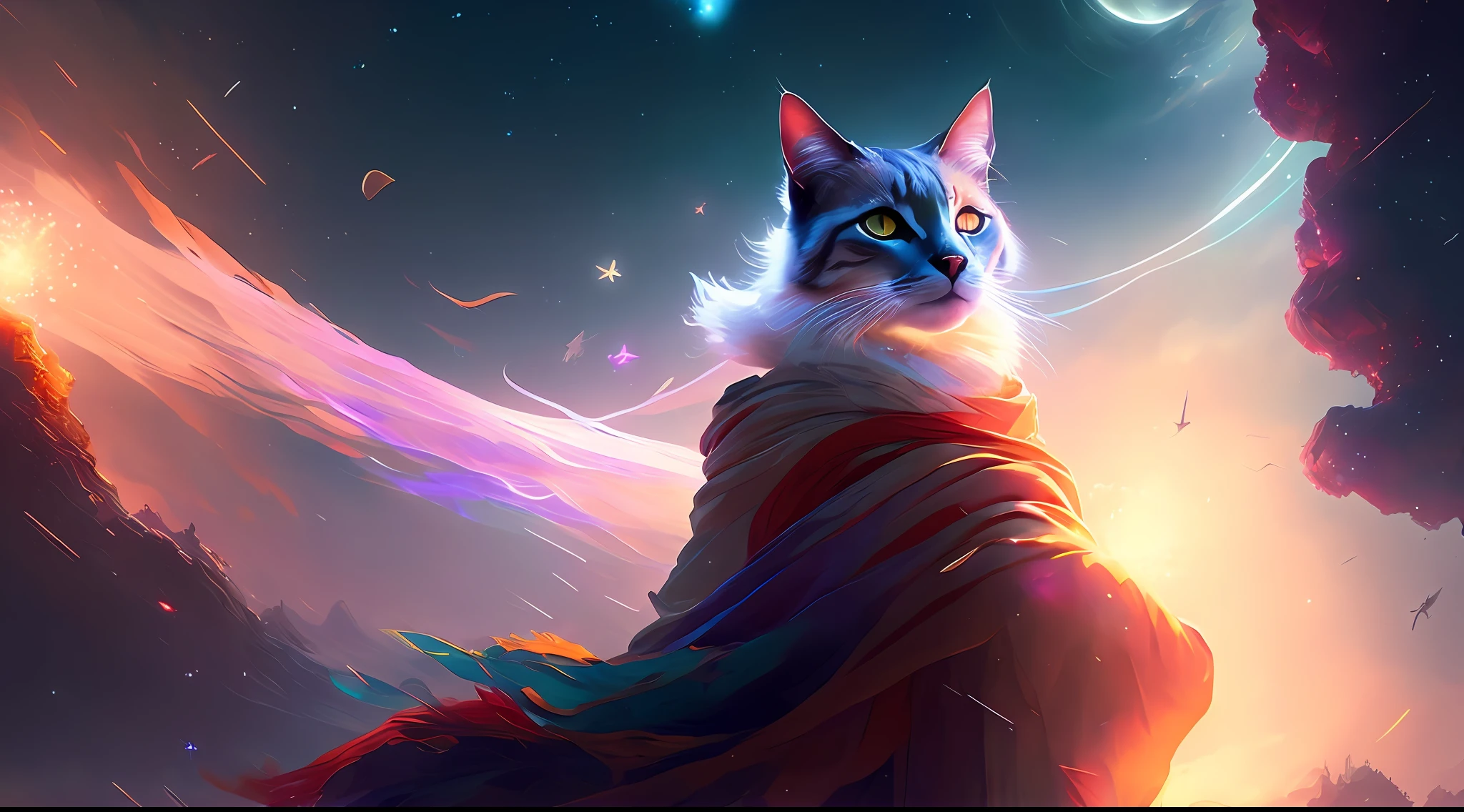 A cat soaring among the stars, Buddhist robes, Dreamy, concept-art, Misty, elegant, Highly detailed, Greg Rutkowski's style, dim colors, soothing tones