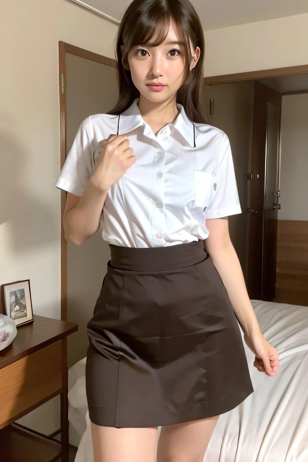 (top-quality、8K、32K、masterpiece、nffsw:1.2)、Photo of a cute Japanese woman、女の子 1 人、(Medium short dark brown hair)、(small tits)、二重まぶた、White nurse uniform、White shirt、open-shirt、hospitals、Hospital Room、The upper part of the body、skirt by the
