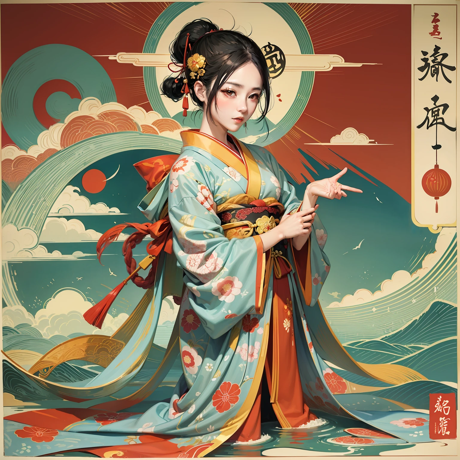 ukiyoe painting、A logo、Bright red sun circle、Beautiful Female Ghost、Kimono、Baiqing、8K、super-fine、Japan sunny