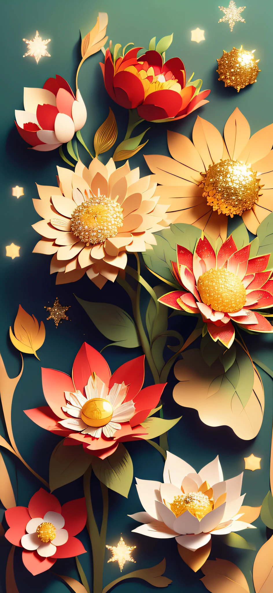 ((((Masterpiece))), Best quality, Illustrations, Beautiful details glow, Gold glitter, Paper_cut, morango, Strawberry flowers, Sun, Sunlight