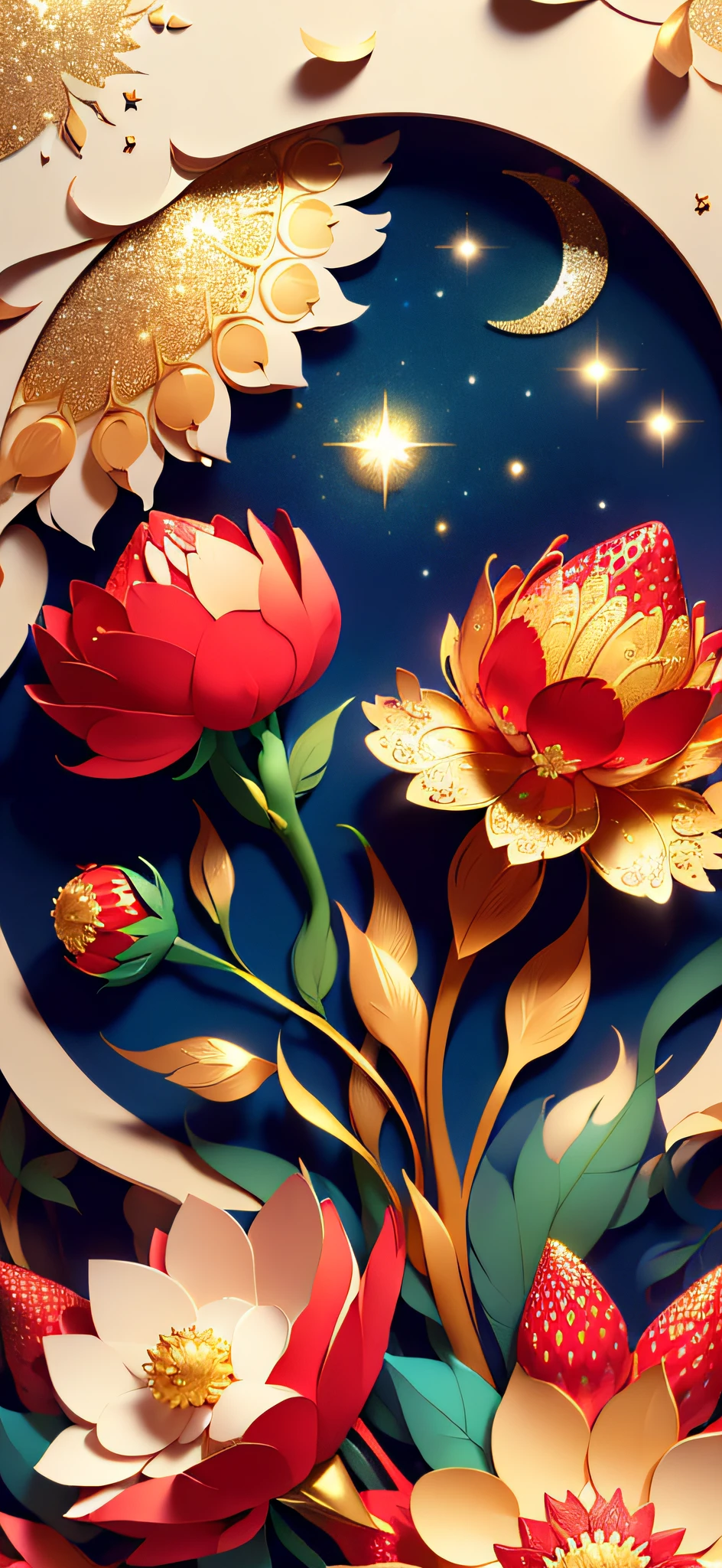 ((((Masterpiece))), Best quality, Illustrations, Beautiful details glow, Gold glitter, Paper_cut, morango, Strawberry flowers, Sun, Sunlight