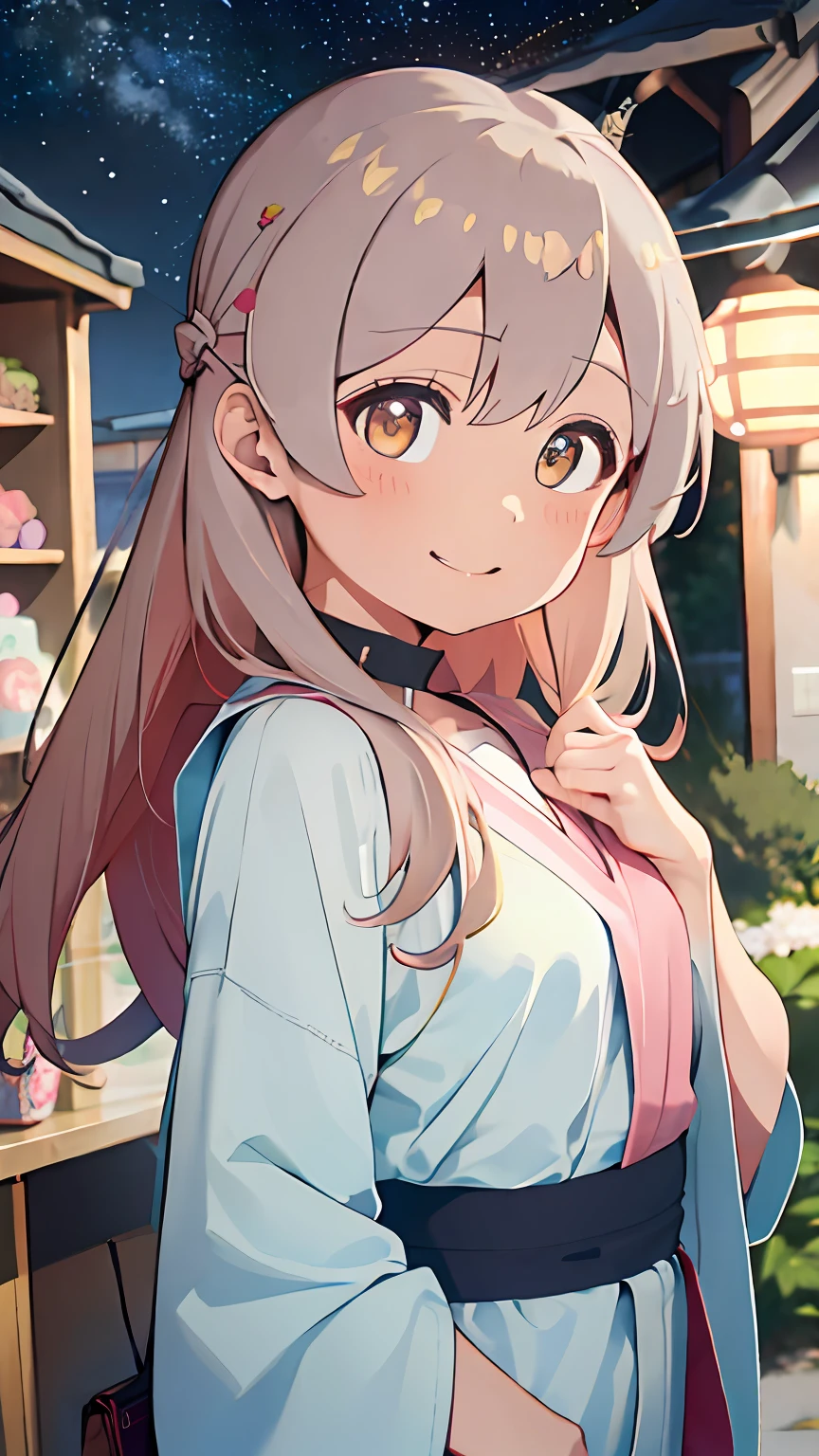 A high resolution，4K，k hd，Highly detailed face，Well drawn hands，((Best quality)),  ((High quality)), ((Masterpiece)), ((Supergianthugebreasts_Detailed)), 1girll, straight-on, standing, Light smile, Put your hands in your pockets, Be red in the face,   longer sleeves, A high resolution，4K，k hd，Highly detailed face，Well drawn hands，Well drawn legs，（（（Well drawn eyes））），Floating hair，Delicate and agile eyes，Starry pupils，Gorgeous accessories，tmasterpiece，Complexscenes，Petals flying，Chang'e，Oyama Makoto，Japanese Yukata，Hold your arm，ssmile，Be red in the face，Shopping，bath robe，