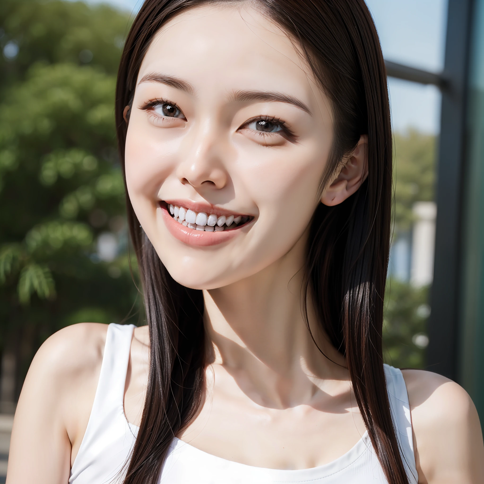 26 year old,Chinese woman,At a 15-degree angle to the lens,Long straight hair,Look at the camera,Toothy smile,White sleeveless top,Bust photo
