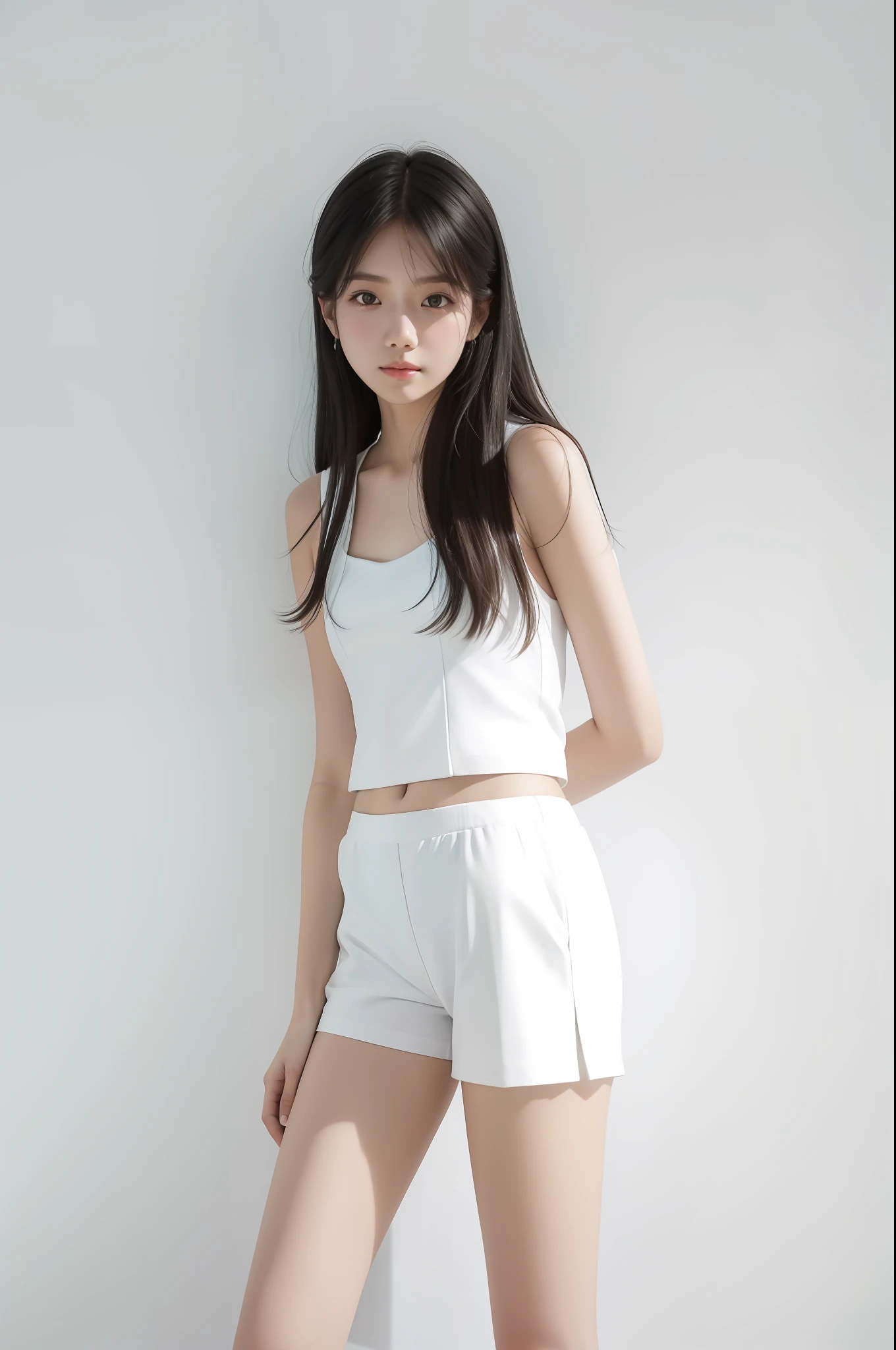 Arakfi woman posing for photo in white shorts and white vest, smooth white tight clothes suit, white and teal garment, white fluffy cotton shorts, chalk white skin, Bandeau Dress, sea - green and white clothes, alexandra fomina, Translucent white skin, wearing white clothes, short puffy pants made of silk, white long tanktop