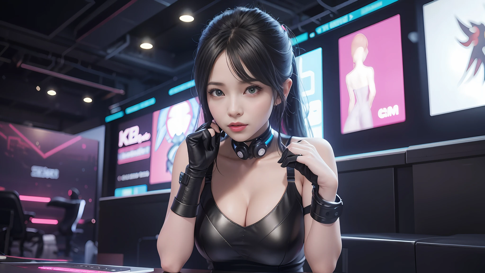 there is a woman in a black dress posing for a picture, an oppai cyberpunk, trending at cgstation, Trending on CGSTATION, 3 d render character art 8 k, cyberpunk 2 0 y. o Model girl, female cyberpunk anime girl, Cyberpunk Anime Girl, 8k artgerm bokeh, photorealistic anime girl render, cyberpunk beautiful girl, 3 d anime realistic