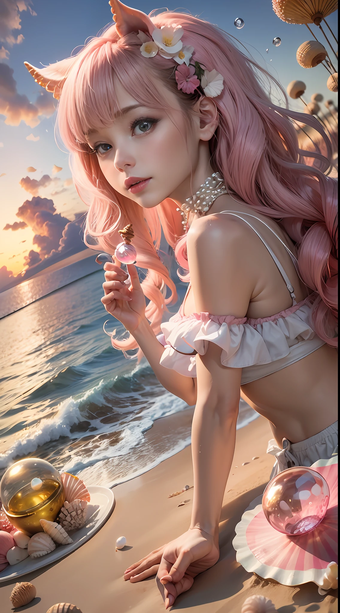 (8K, Raw photo, Best Quality, masutepiece: 1.2), (Realistic, Realistic: 1.37) There are many pink shells on the beach, there is water, pearlescent, pearls and shells, soft spills, pearling, pink jellyfish everywhere, soft 3D rendering, ethereal bubbles, bubble landscape, Iray shader, pastel pink, pink reflections, pearl sky, shells, paradise pink, Pastel colors, pink pastels, One little unicorn girl in a shell
