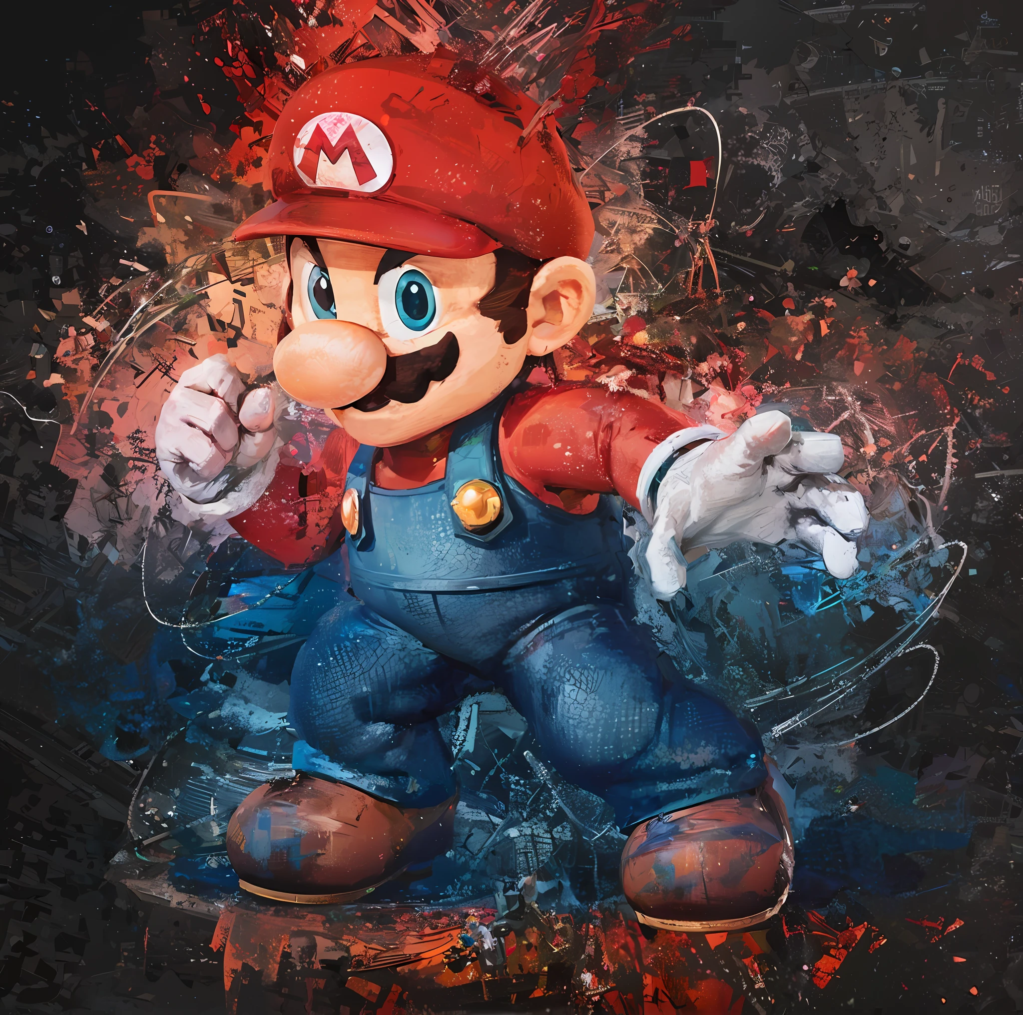 There is a painting of a Mario Bros cartoon character on a black background, Retrato de Super Mario, Retrato de Mario, Super Mario Retrato, inspirado em Mario Dubsky, inspirado em Mario Cooper, fan artwork of mario, Mario, inspirado em Mario Comensoli, inspirado em Mario Bardi, mario dabbing, super mario, arte do jogo nintendo, tema Mario