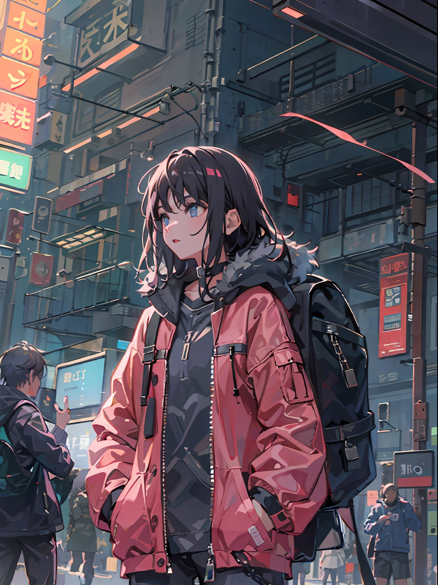 1girl in, jaket, Sateen, plein air, parka, Open jacket, chain, rucksack, Look at another one, hair messy, Trending on ArtStation, 8K分辨率, Highly detailed and anatomically correct, Sharp Images, digitial painting, concept-art, trending on pixiv, style of makoto shinkai,neons