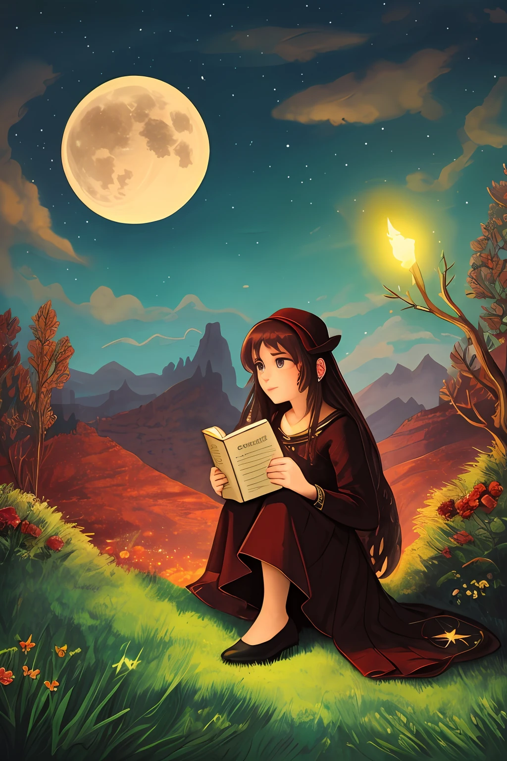 A woman holds a book,Looking into the distance,Best quality at best,tmasterpiece,Beautiful wild and natural fantasy landscape,With glowing lights