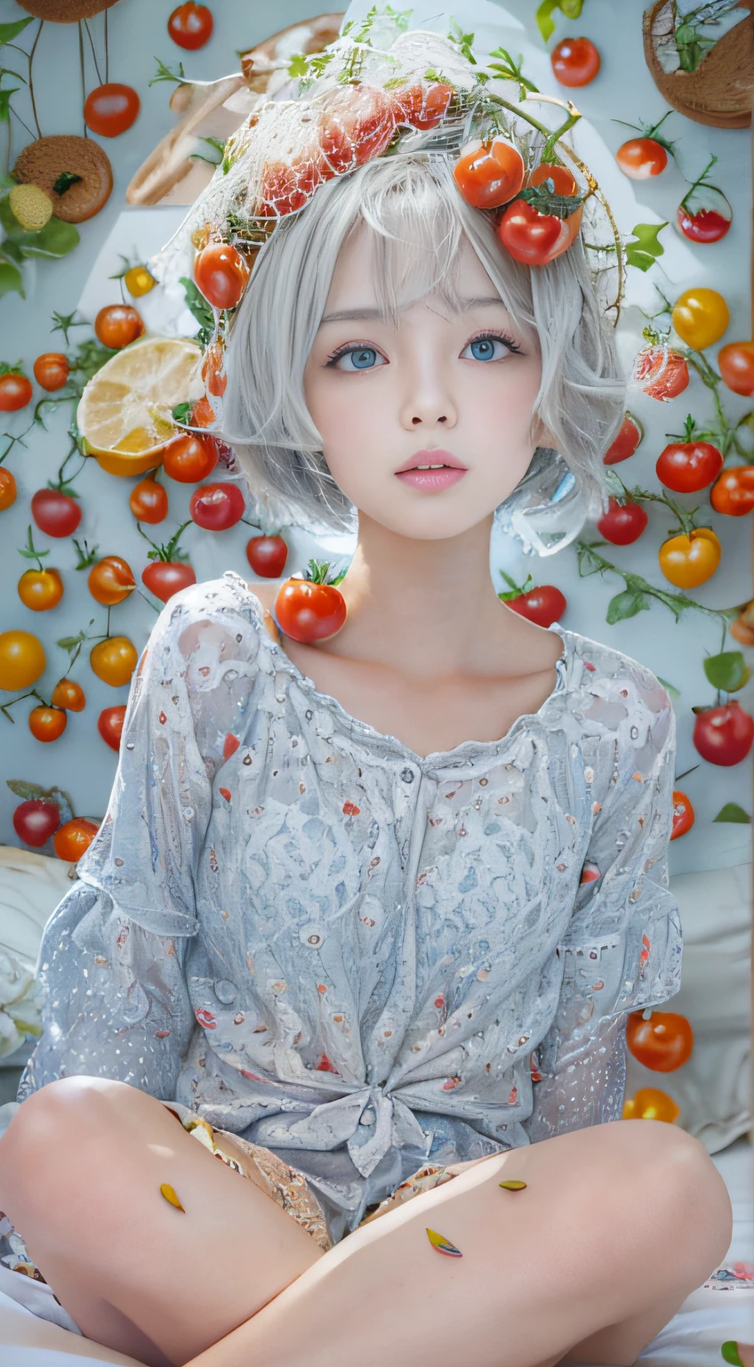 hyper realistic, ultra detailed, beautiful girl , silver short hair,tiny chest, blue eyes, age,summer, on the bed with tomatoes petals,from below