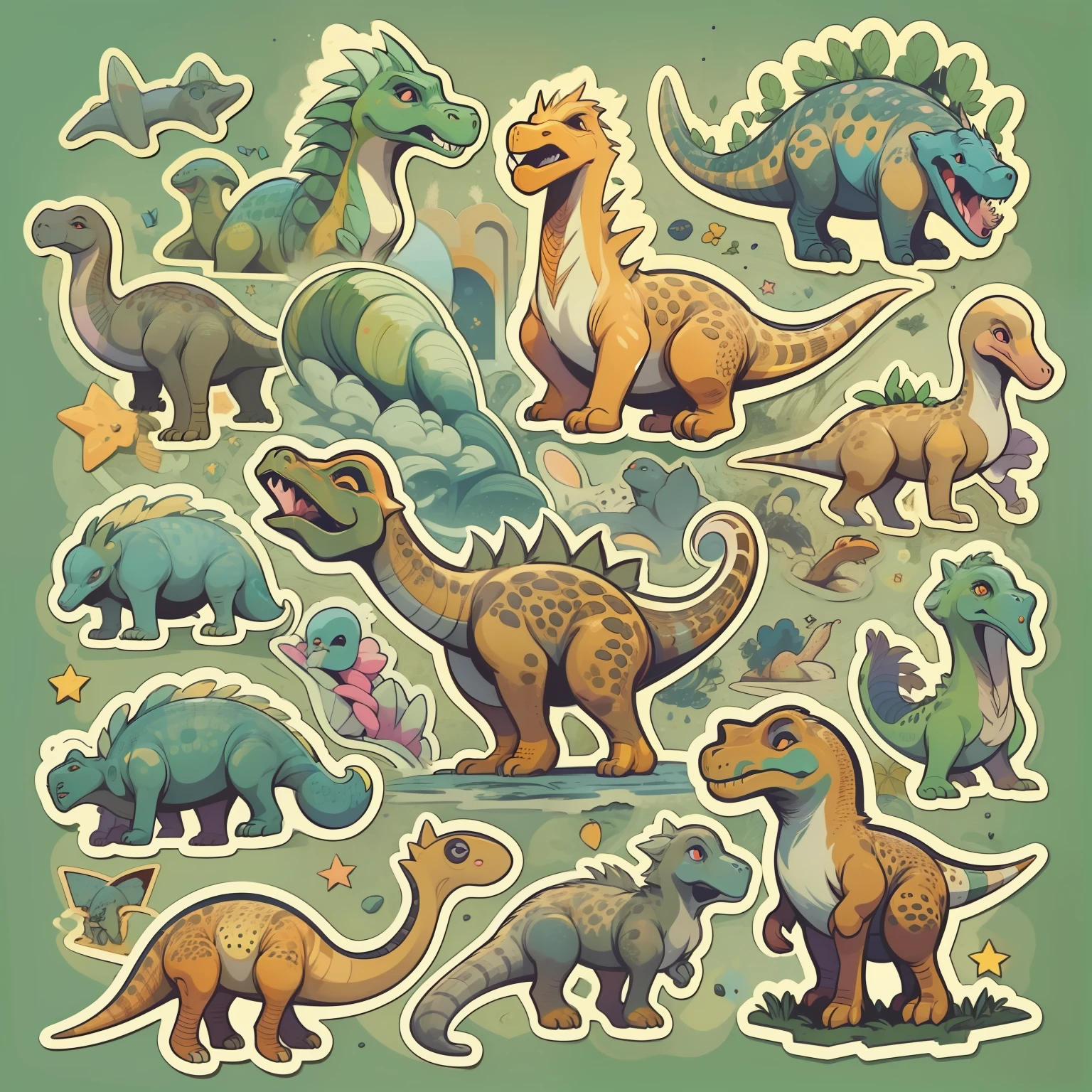 1sticker，a sticker，dinosaurs， tyrannosarus rex，Brontosaurus，（dinosaurs），As estrelas，drak， white backgrounid， nothing background， simple backgound， dk， small， pastel colour， vectorstyle， no gradien，