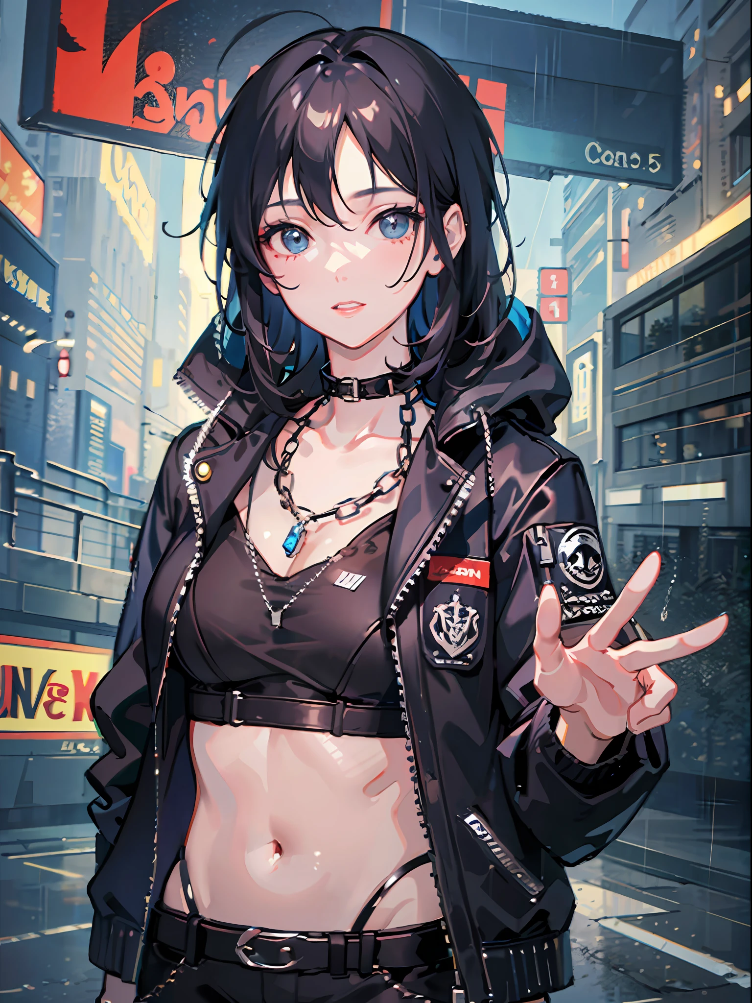 1girl, jacket, rain, outdoor, hoodie, open jacket, chain, backpack, looking at another, messy hair, trending on artstation, 8k resolution, highly detailed, anatomically correct, sharp image, digital painting, concept art, trending on pixiv, style of makoto shinkai,