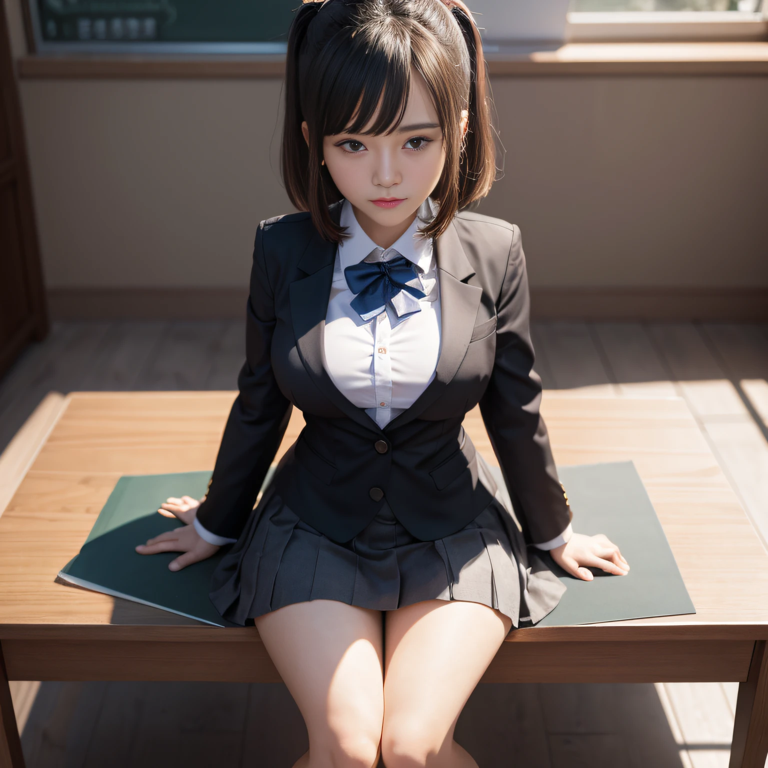 (8K,RAW photos,top Quority,tmasterpiece),HD RAW color photo professional close-up Photograph,(realisticlying,realisticlying:1.37),(HighestQuali),(Best shadow),鎖骨((The large)),((,Raised sexy,超高分辨率,HD CG unified 8K wallpapers,physically-based renderingt,cinmatic lighting),(aegyo sal:1),18 years old girls,(grey blazer,Ribbons,Stockings,High School Uniforms:1.2),high school classroom, beatiful detailed eyes,Light on the face,((full body shot shot:1.2)),Particularly bright light,(Upper Eye:1.2),shiny skins,(((brunette color hair,bob hair:1.2))),ulzang-6500-v1.1:0.2,is shy,(flash lights:1.2),NSFW,((tempting pose:1.2,big breasts enchanting:1.2)),(Idle),(Sit at a desk in the classroom:1.2)),((Good anatomy:1.2)),((Bright and refreshing classroom,The background is blurred out: 1.2)),s the perfect face,(high-angle shot:1.2),true