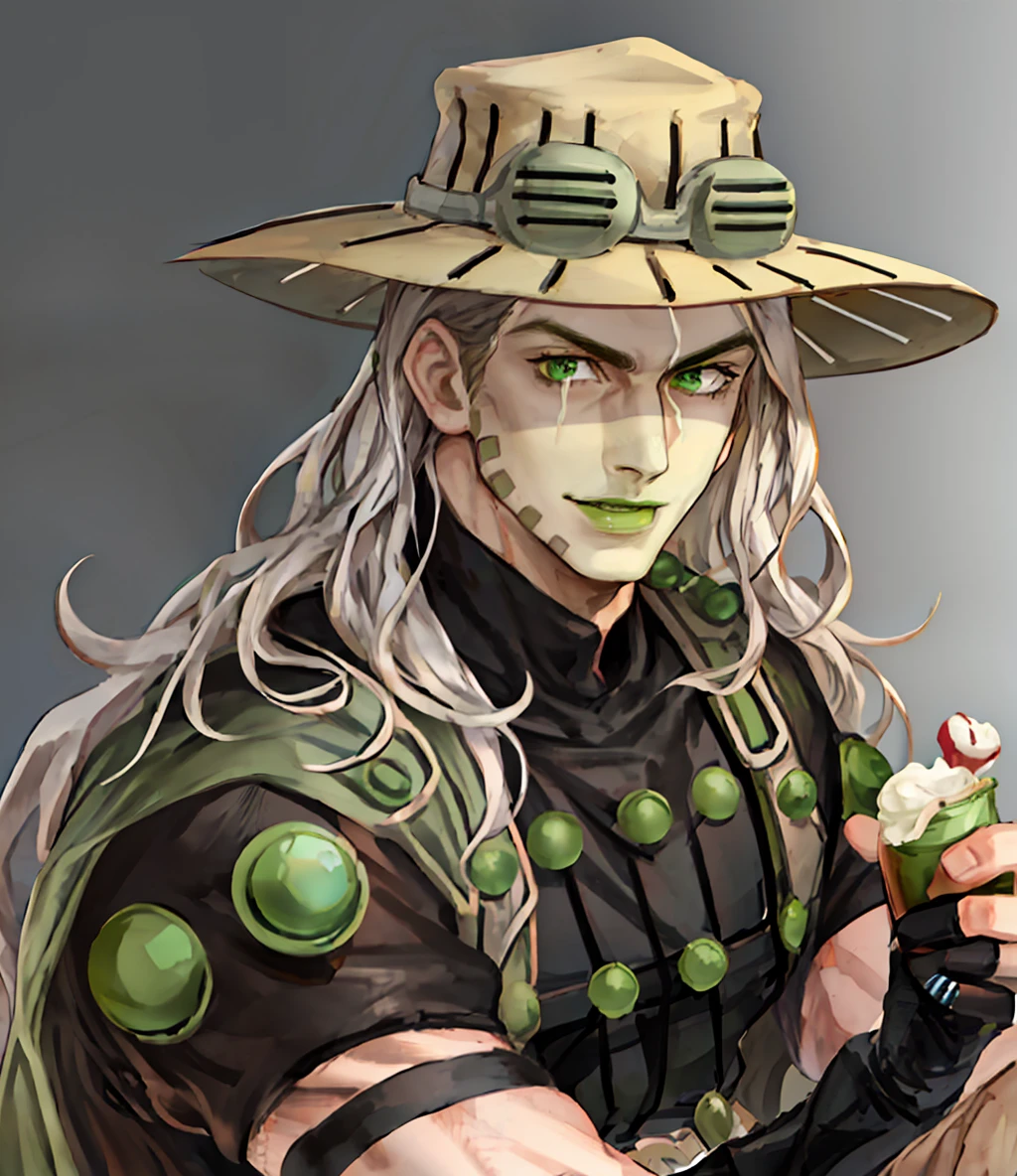 amazing digital art, halfbody, bust, holding icecream cone, gyro_zeppeli, 1boy, male, mature male, long hair, green eyes, green lips ((perfect face))  distinct features, dramatic lighting